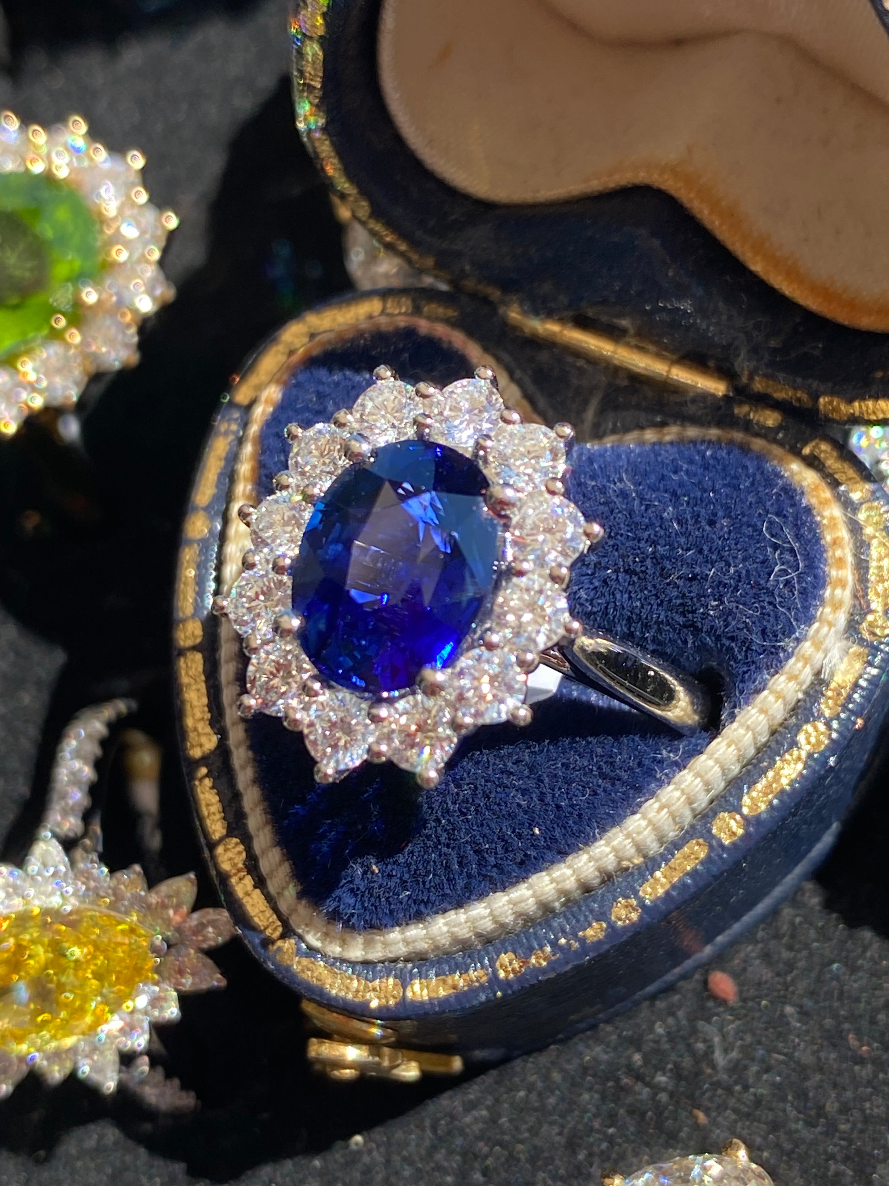 6.37 Carat Gubelin Certed Blue Ceylon Sapphire and 1.80 CTW Natural Diamond Halo Ring in Platinum