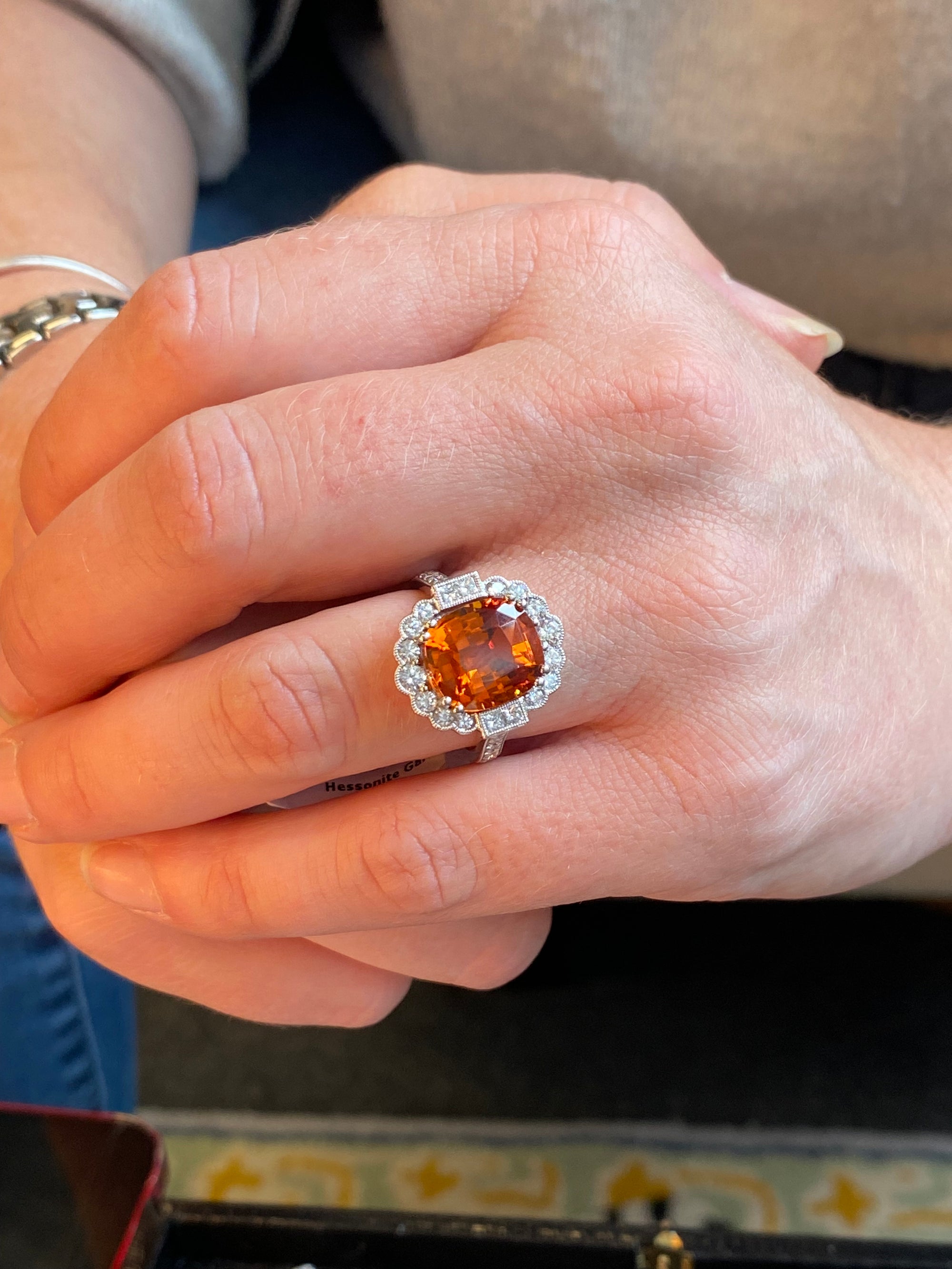 5.95 Carat Hessonite Garnet and 1.03ctw Natural Diamond Ring in Platinum