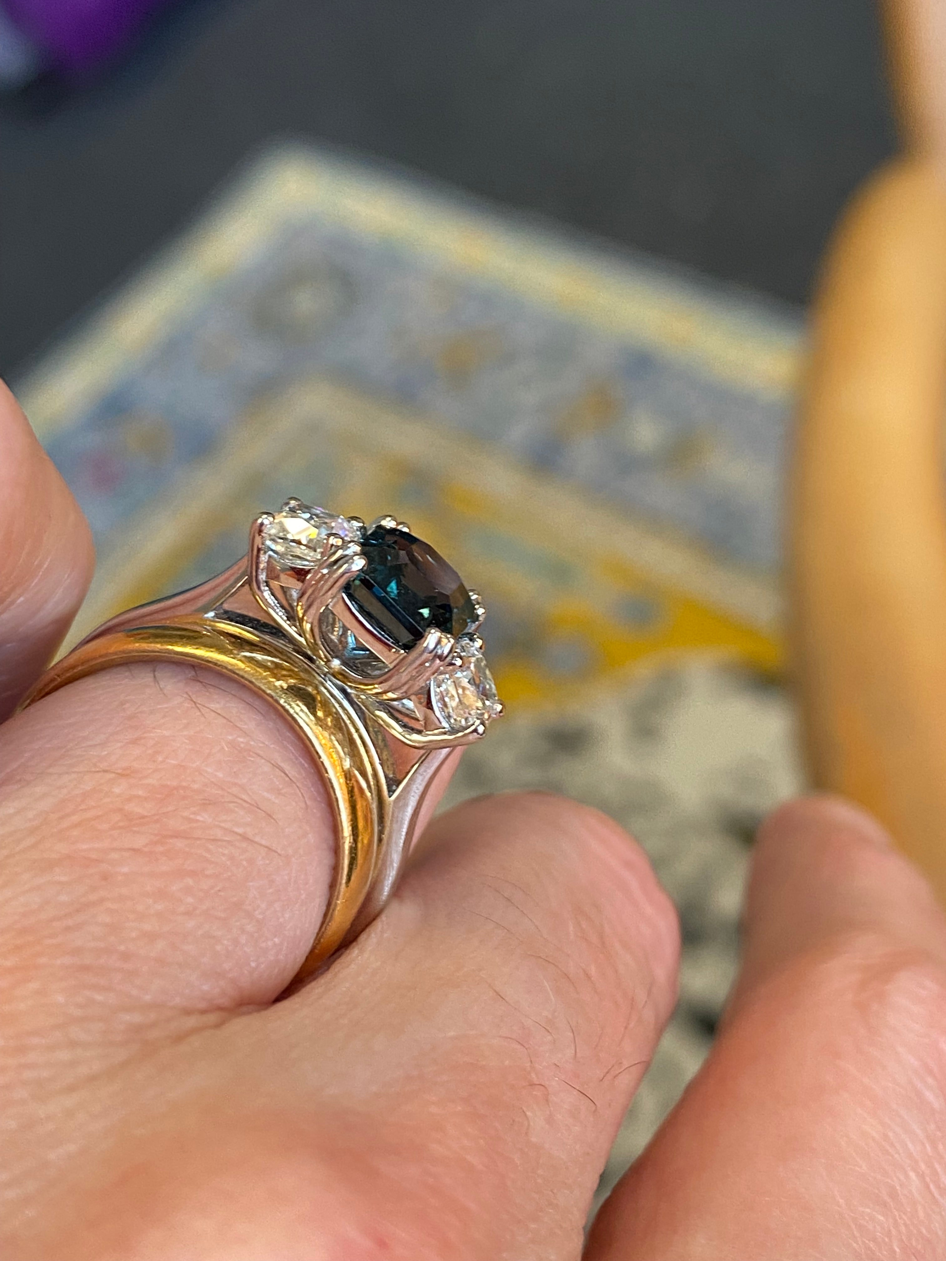 2.42 Carat Teal Sapphire and 0.97 CTW Natural Diamond Three Stone Ring in Platinum