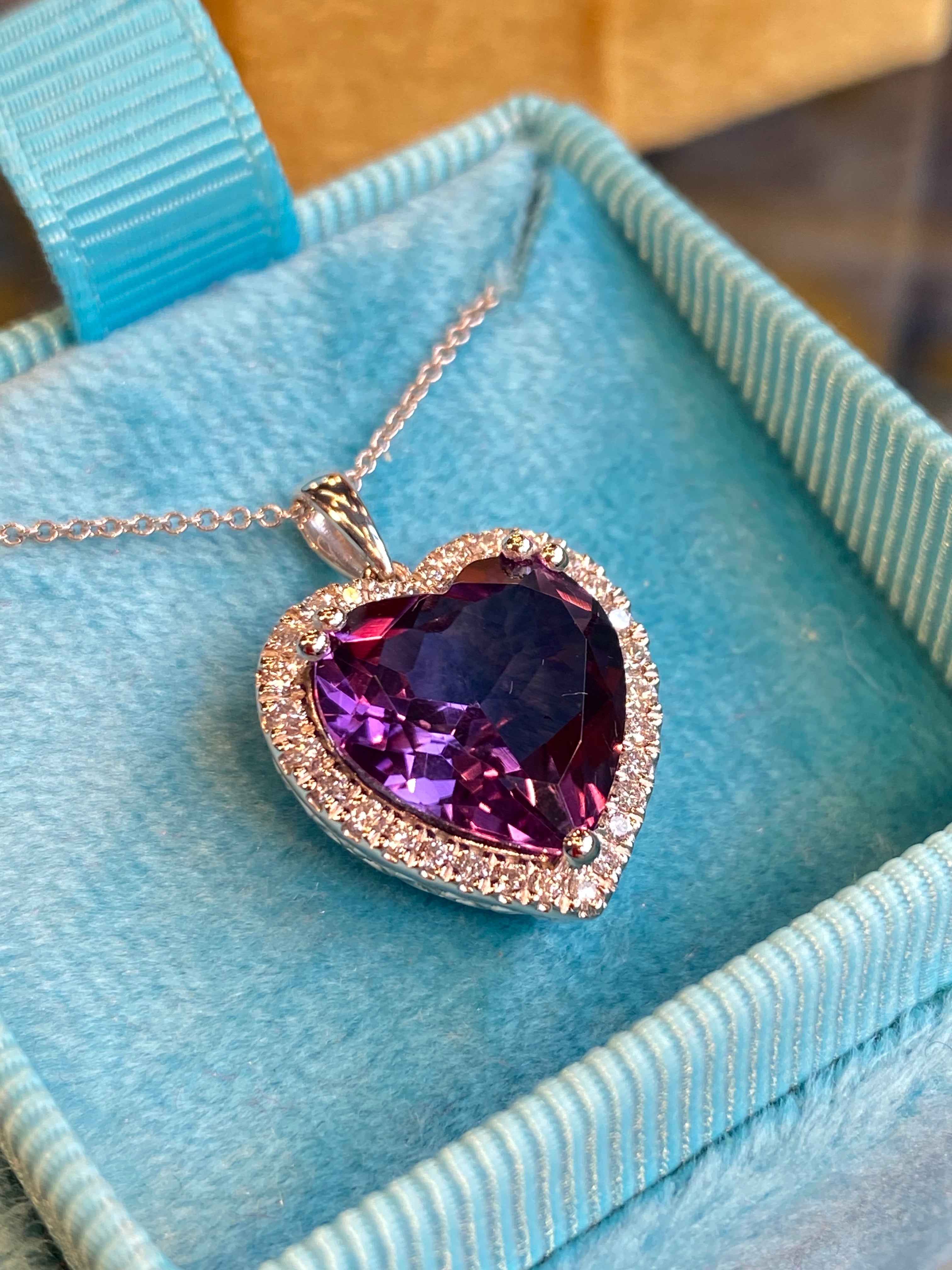 Heart Shaped Amethyst and Natural Diamond Pendant Necklace in 9ct White or Yellow Gold