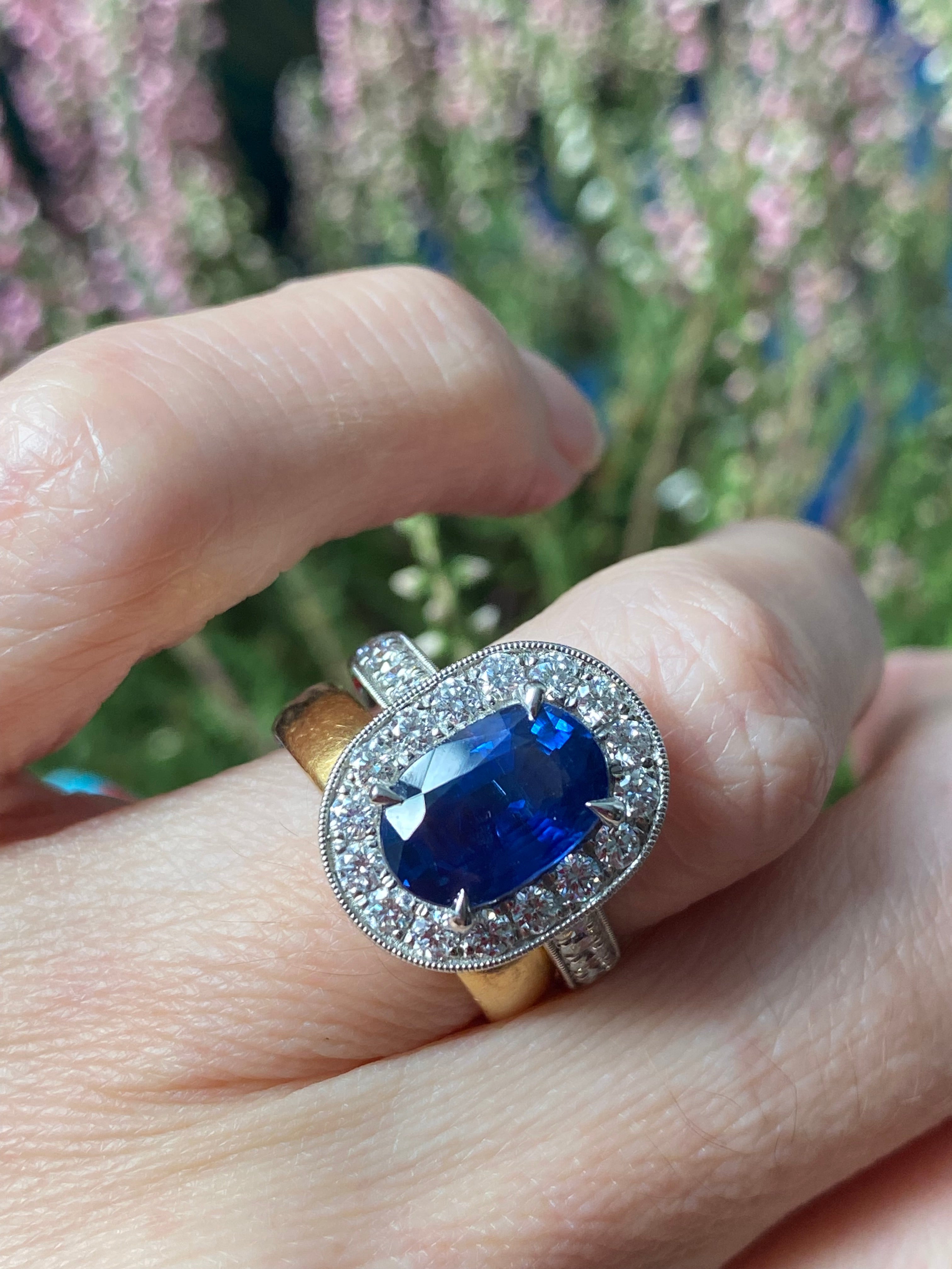 3.61 Carat Blue Ceylon Sapphire and Natural Diamond Halo Ring in Platinum