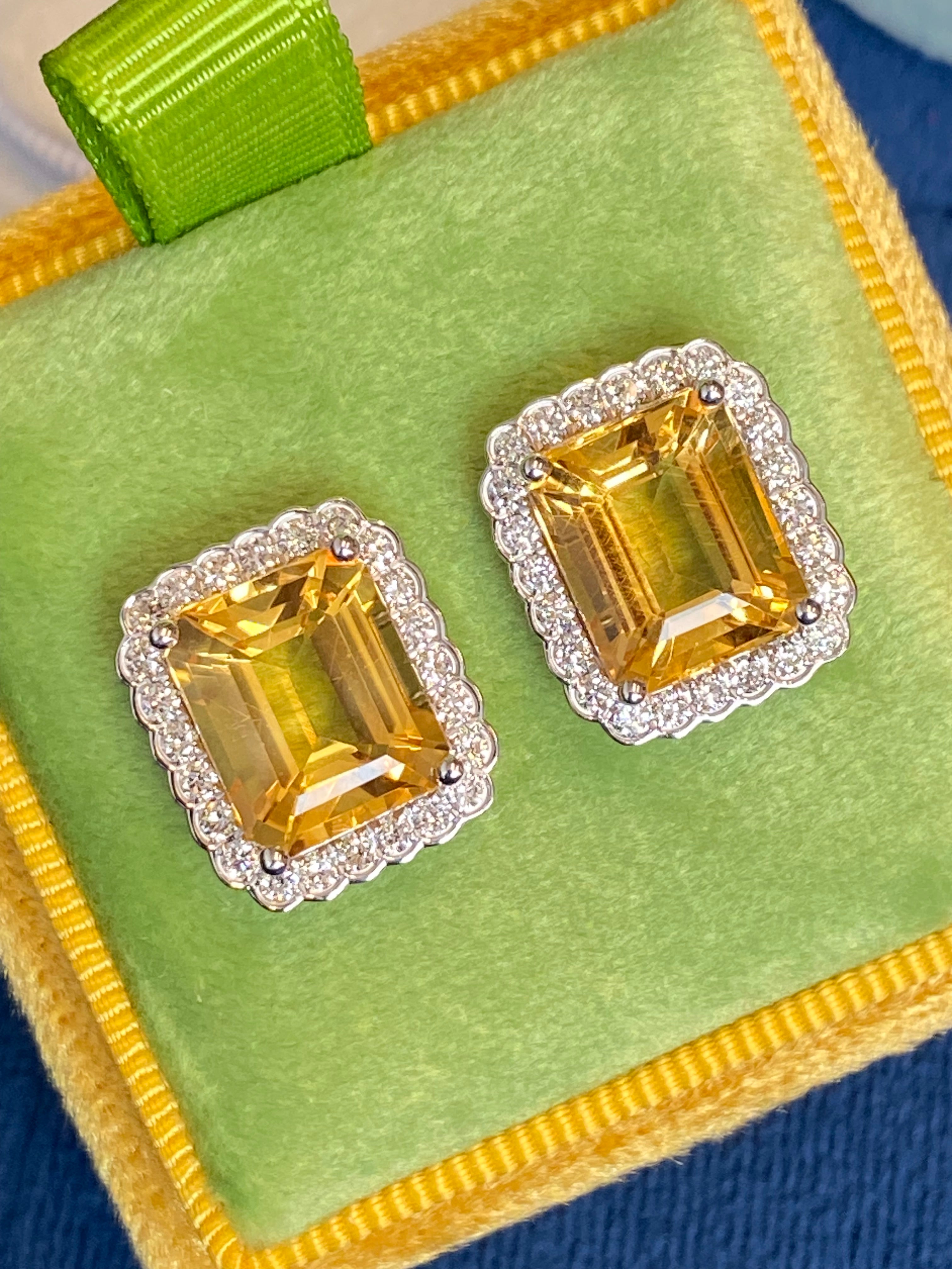 9.31ctw Citrine and Natural Diamond Stud Earrings in 9ct White Gold
