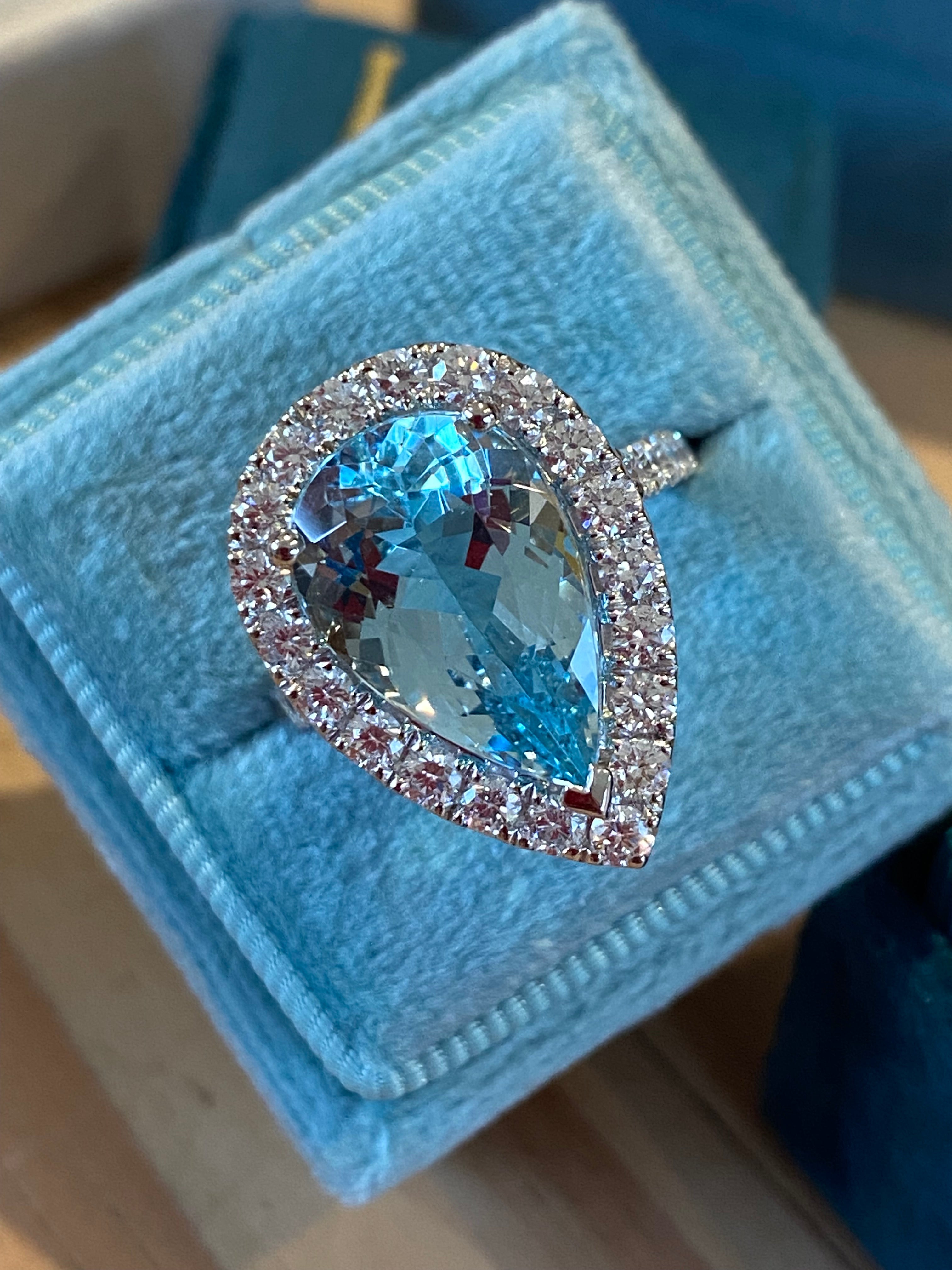 5.36 Carat Pear Cut Aquamarine and 1.38ctw Natural Diamond Ring in Platinum