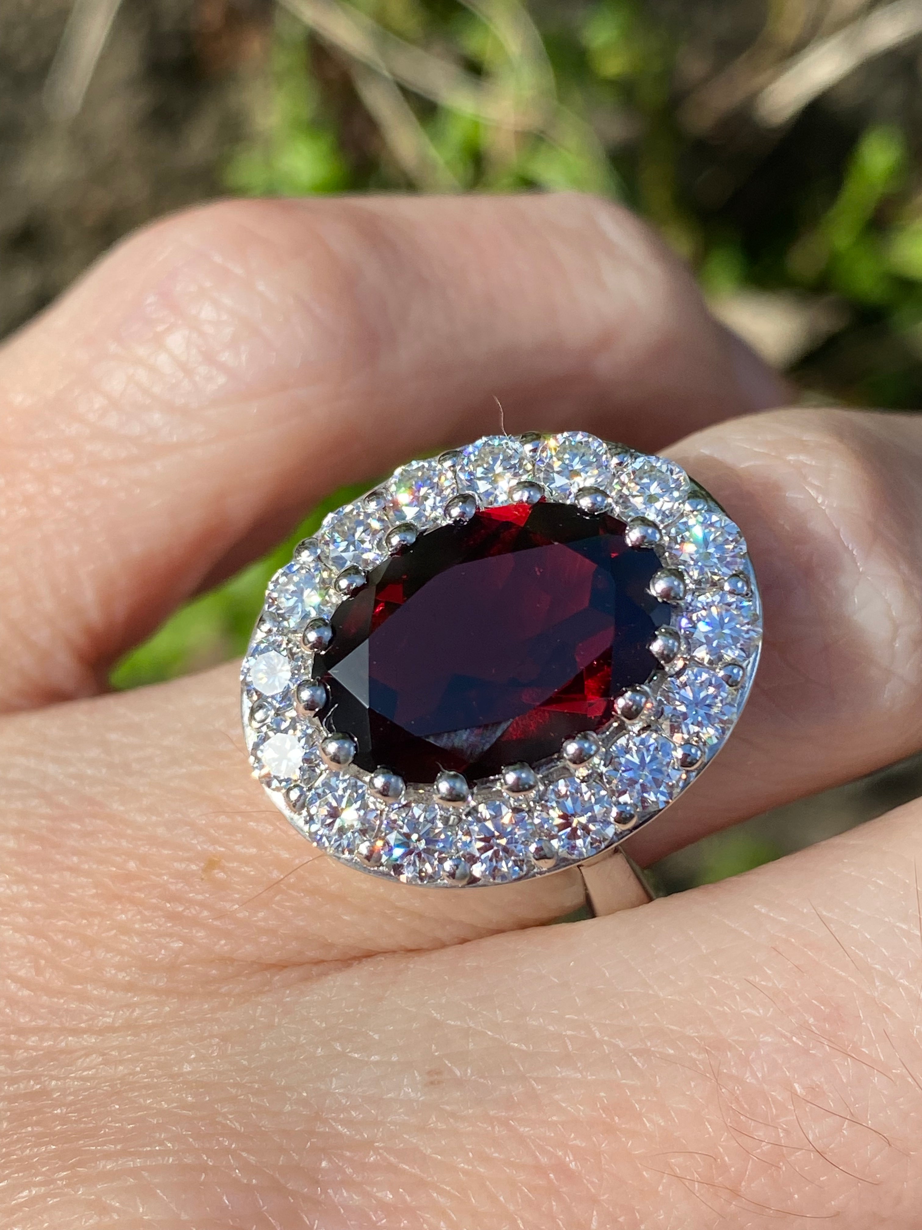8.25 CTW Oval Cut Garnet and Moissanite Halo Cocktail Ring in Sterling Silver / 9ct Gold /18ct Gold