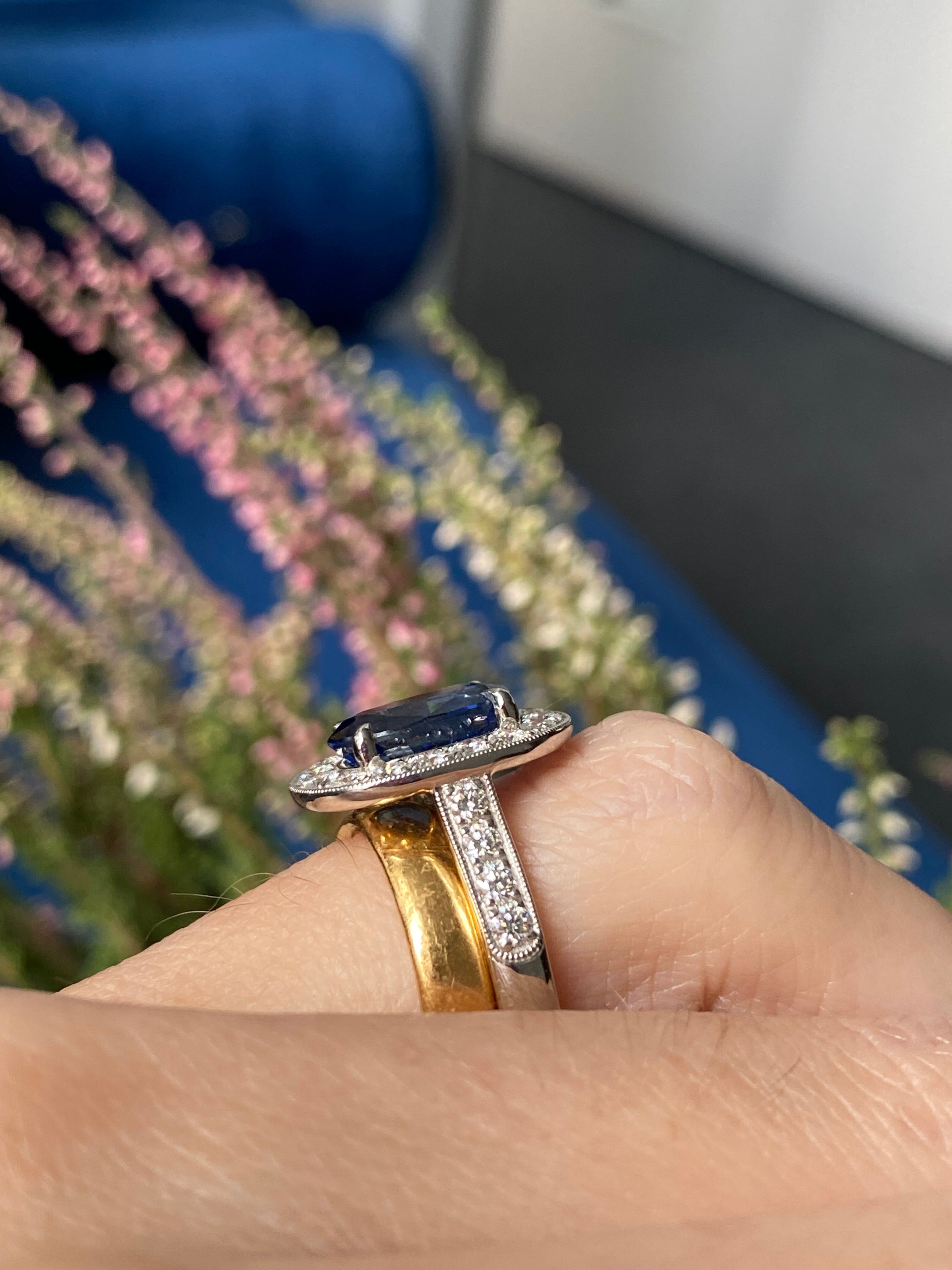 3.61 Carat Blue Ceylon Sapphire and Natural Diamond Halo Ring in Platinum