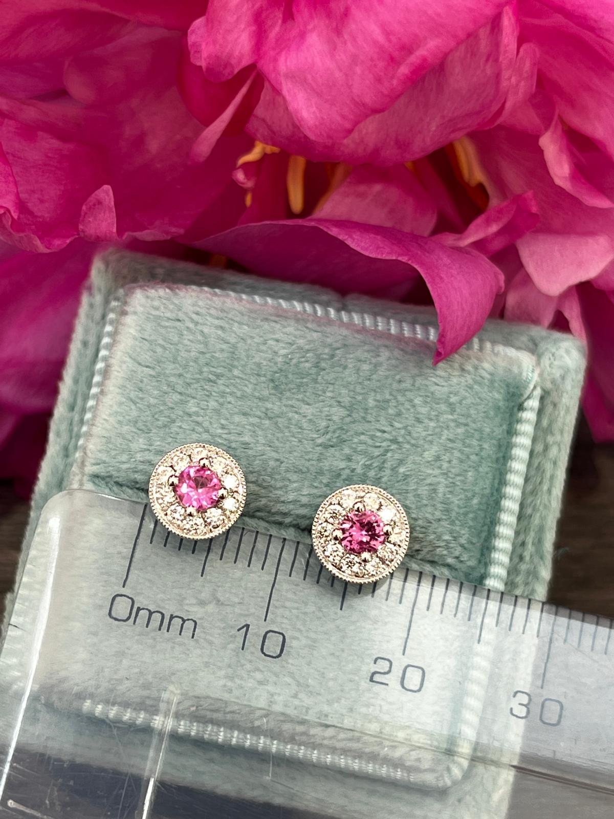 Pink Sapphire and Natural Diamond Halo Stud Earrings in 18ct White Gold