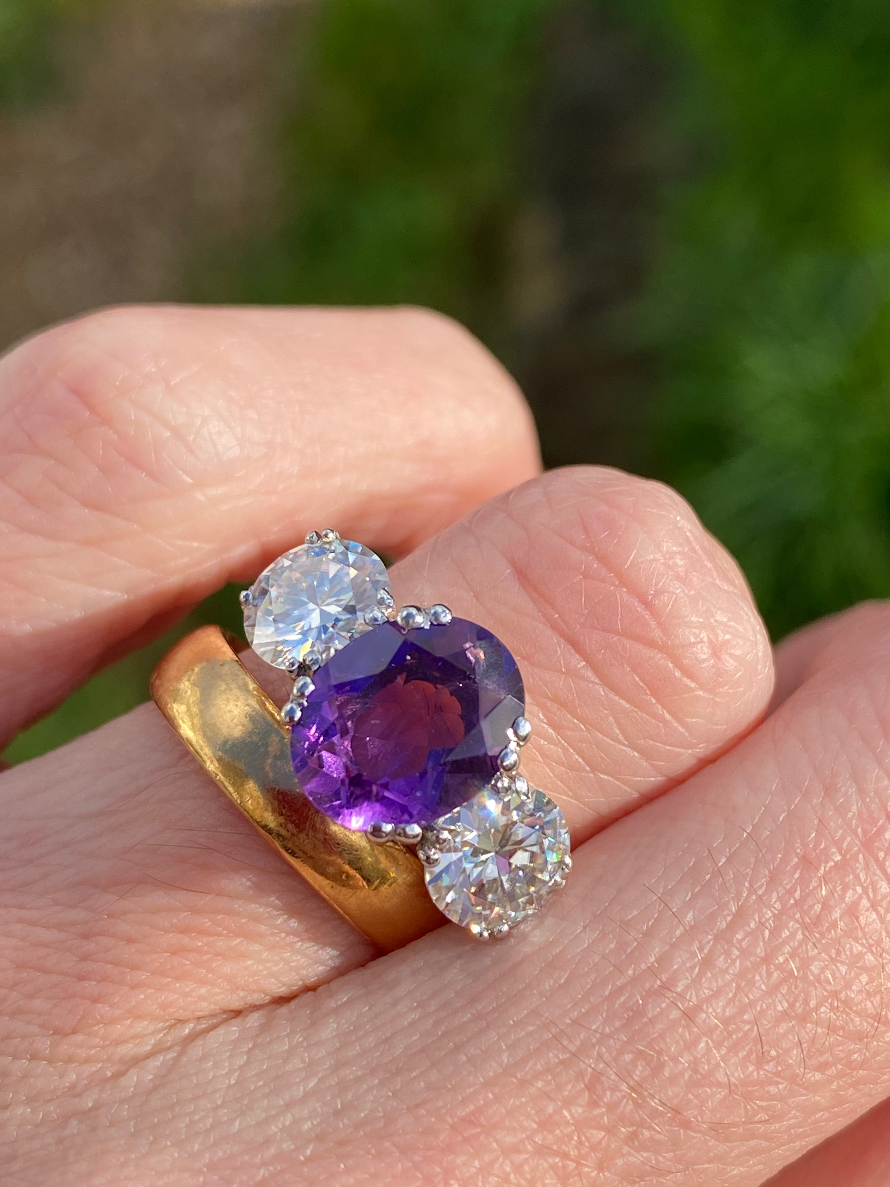 2.57 Carat Amethyst and 1.84 Carat Moissanite Three Stone Ring in Sterling Silver