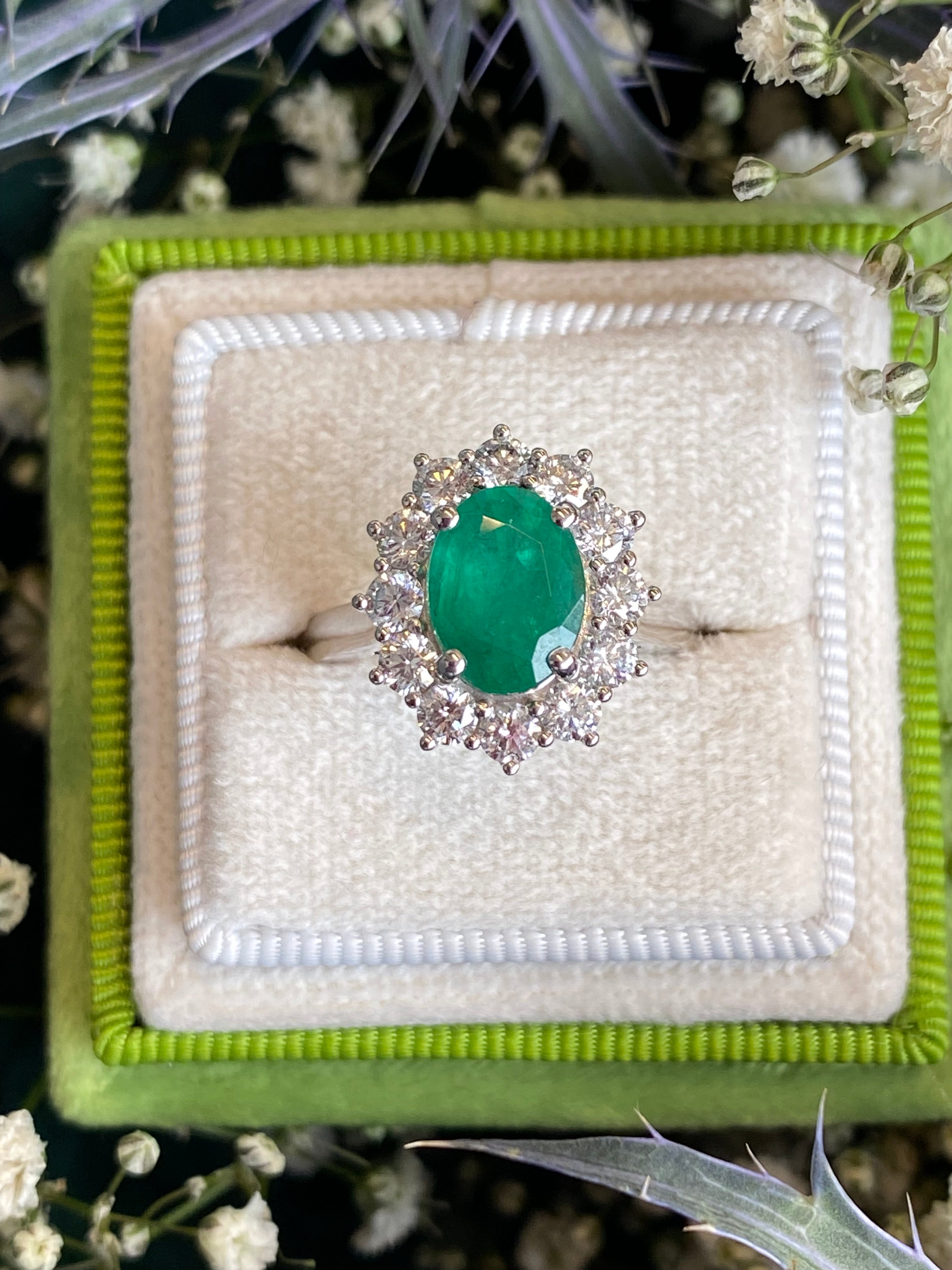 1.53 Carat Cushion Cut Emerald and 0.96 CTW Natural Diamond Halo Ring in Platinum