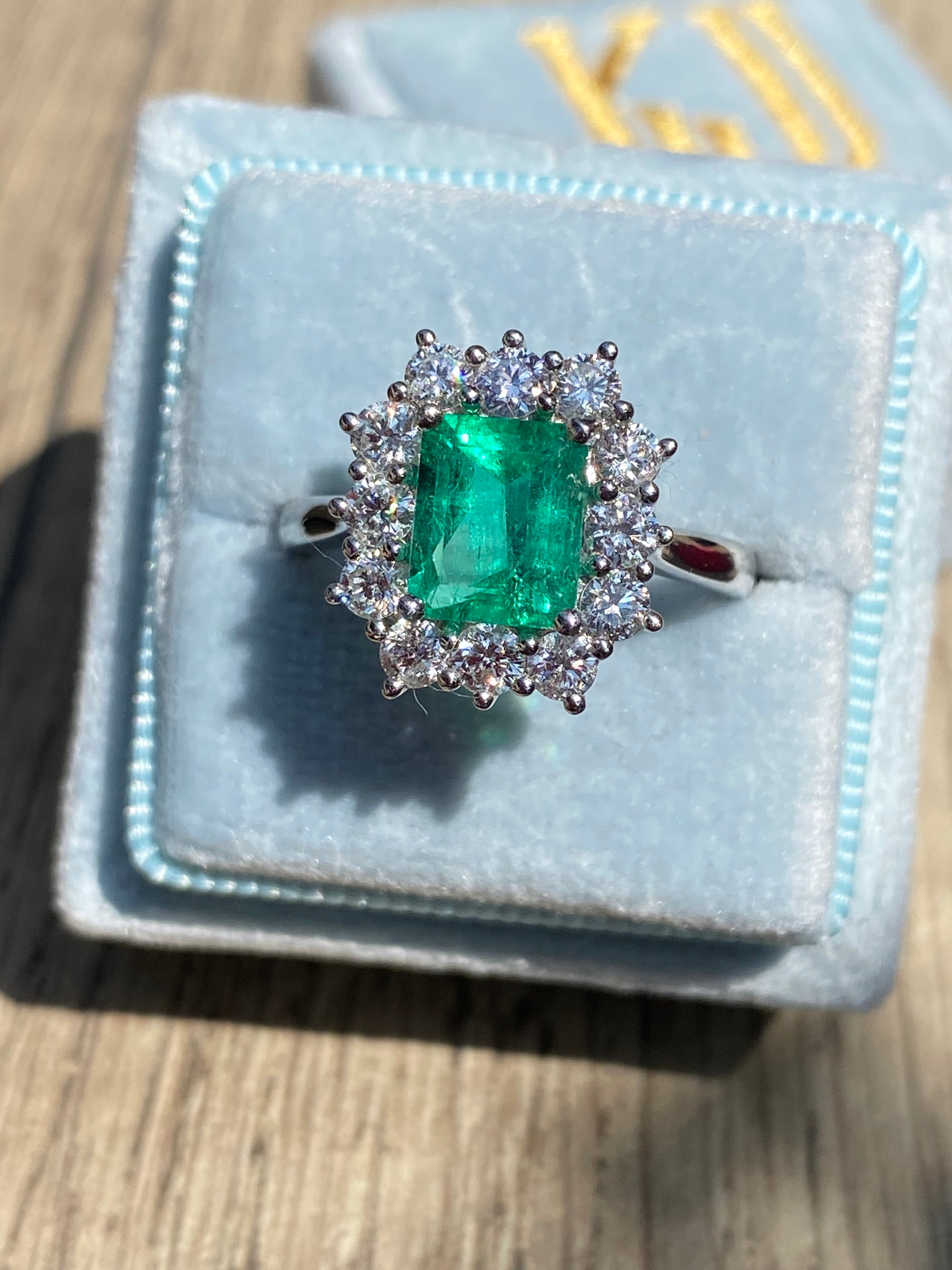 2.34 CTW Emerald Cut Colombian Emerald and Natural Diamond Halo Ring in Platinum