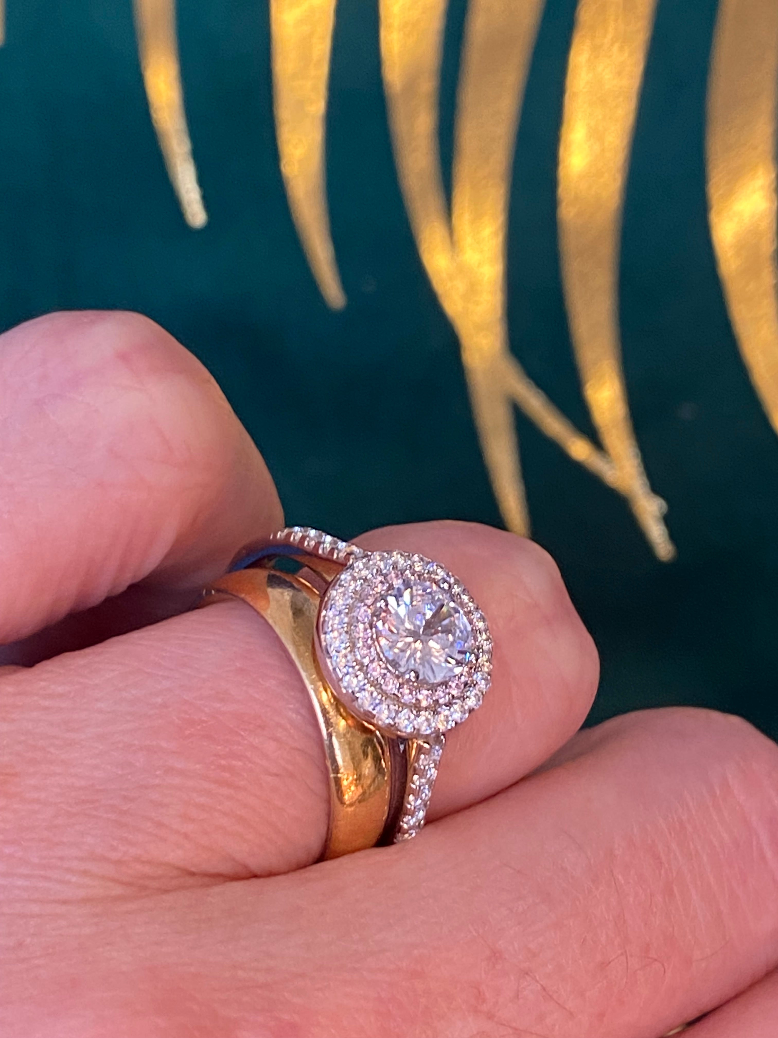 Round Cut Moissanite Pink Double Halo Engagement and Wedding / Eternity Ring Set in Sterling Silver