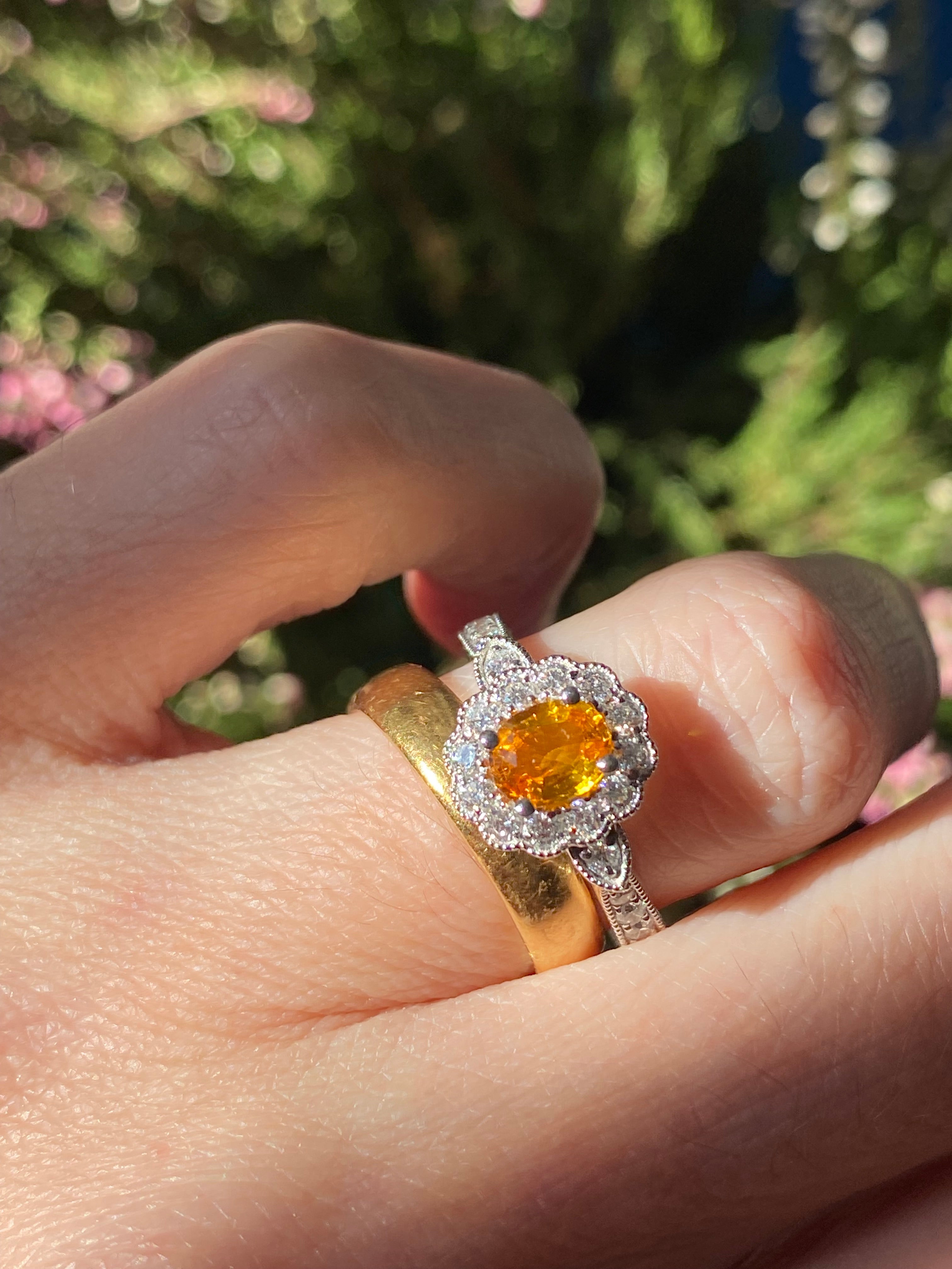 1.20ctw Orangey Yellow Sapphire and Natural Diamond Halo Ring in Platinum