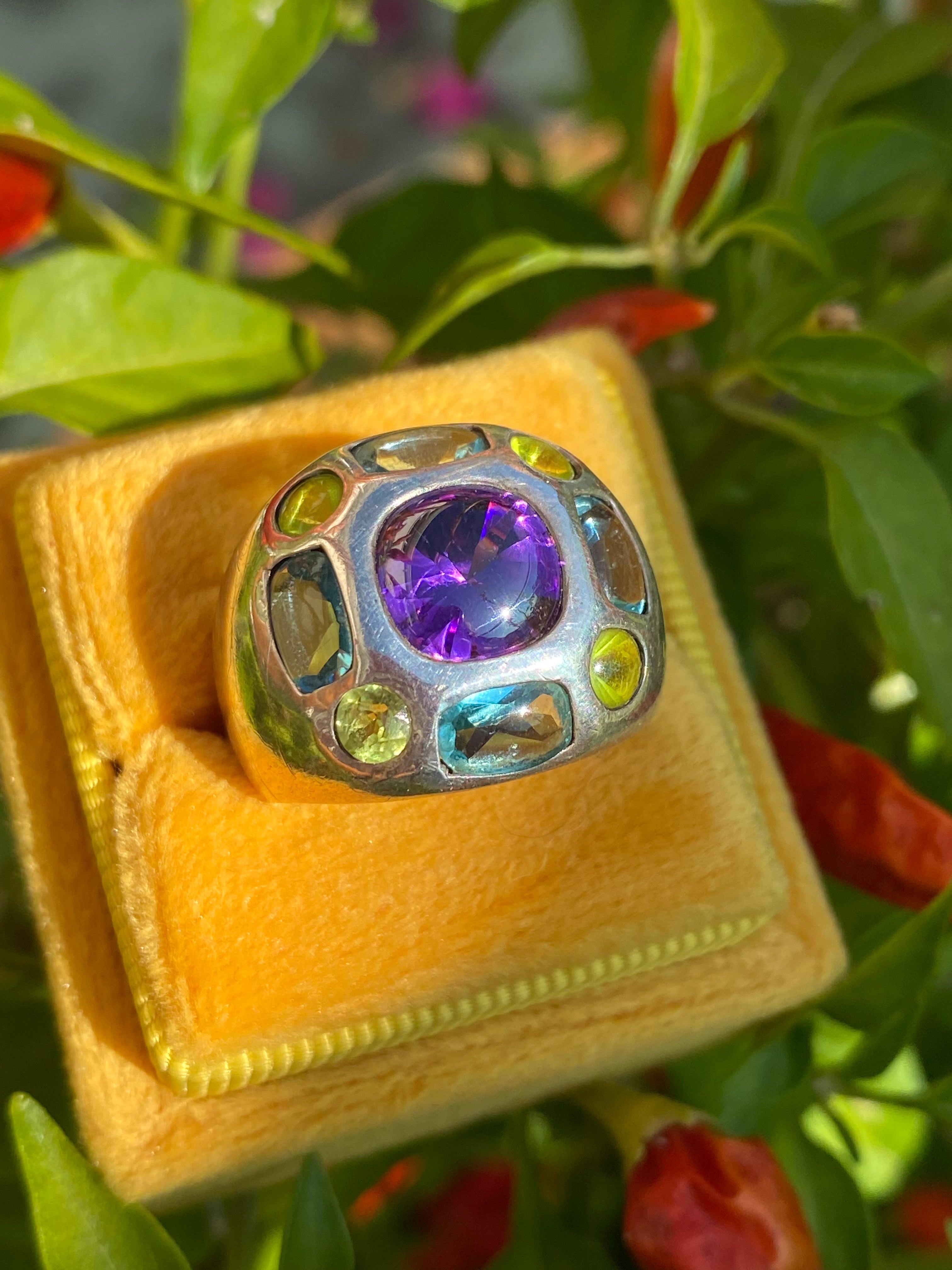 Beautiful Vintage Amethyst, Peridot and Blue Topaz Ring in Sterling Silver