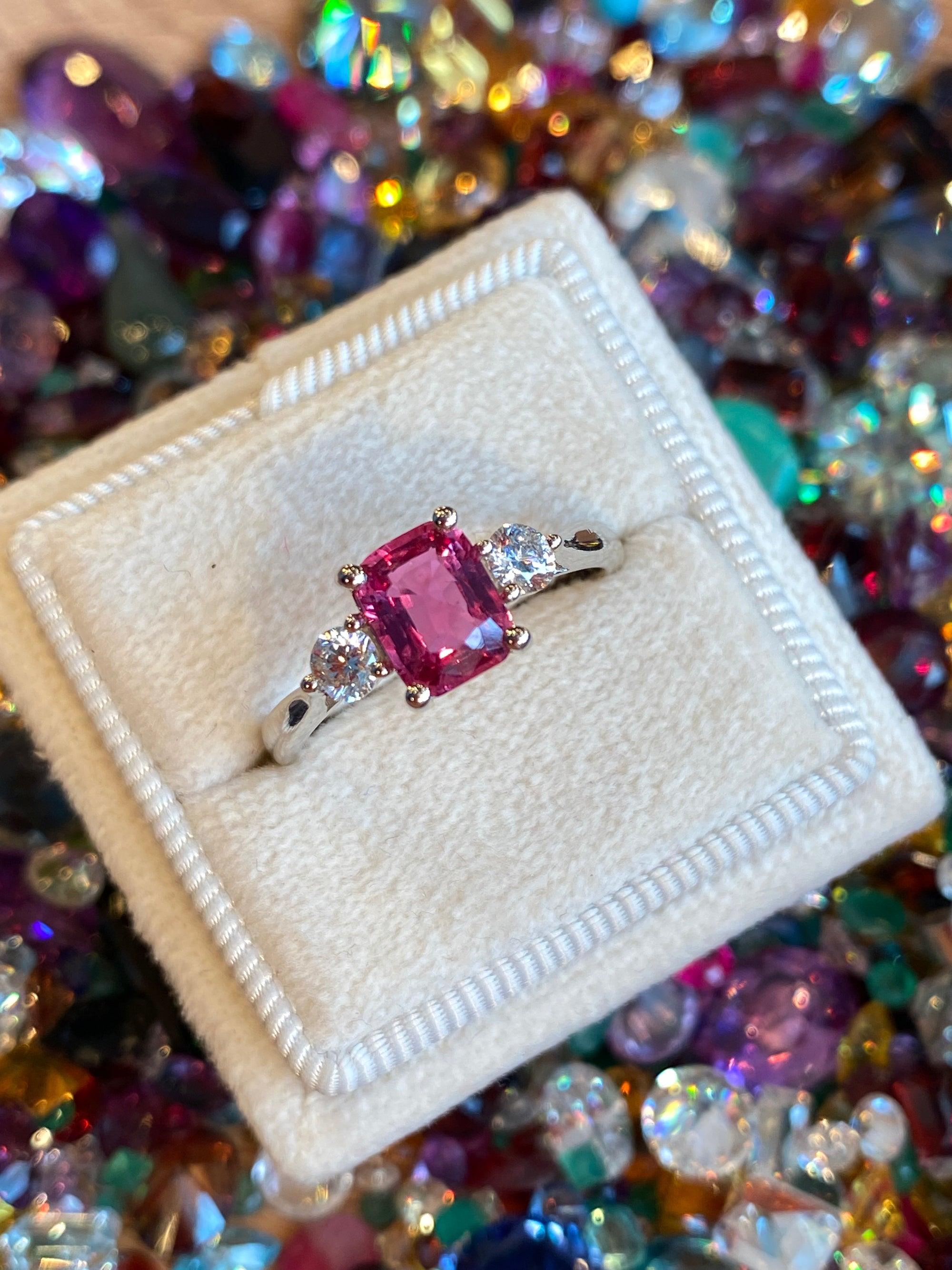 1.52 CTW Cushion Cut Ruby and Natural Diamond Three-Stone Engagement Ring in Platinum