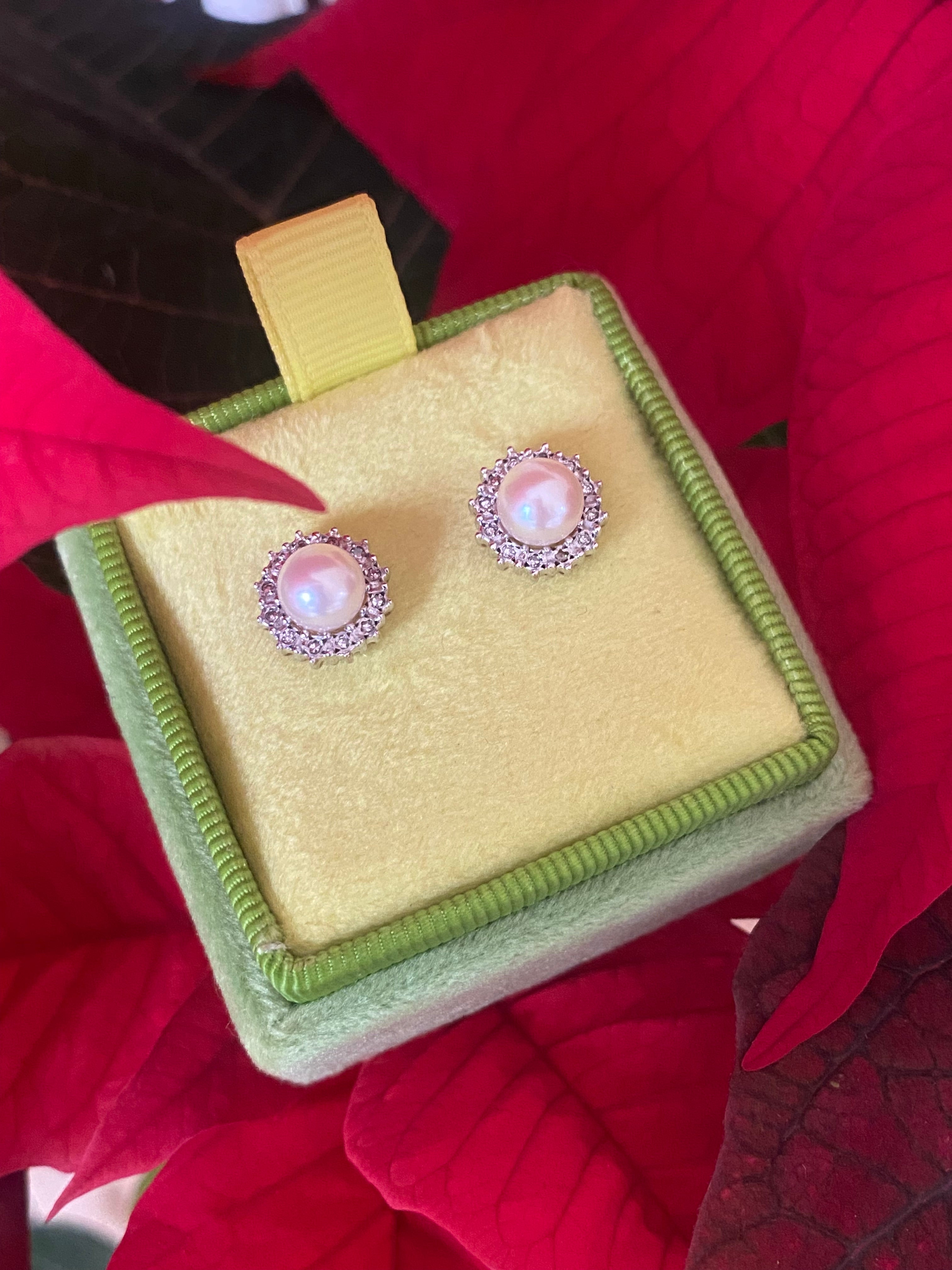 Vintage Pearl and Natural Diamond Stud Earrings in 9ct Yellow Gold