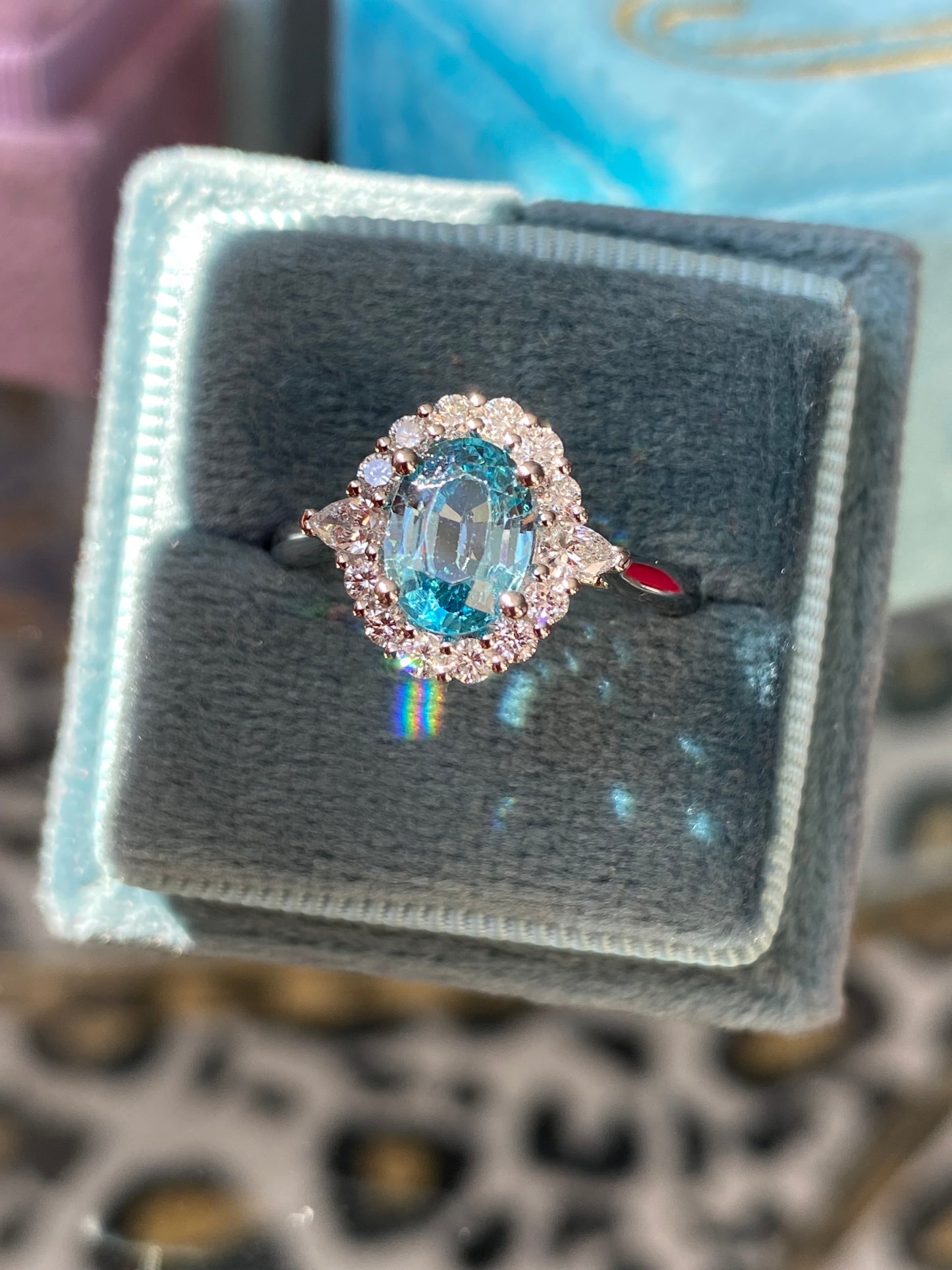 1.78 Carat Blue Zircon and Natural Diamond Halo Ring in Platinum
