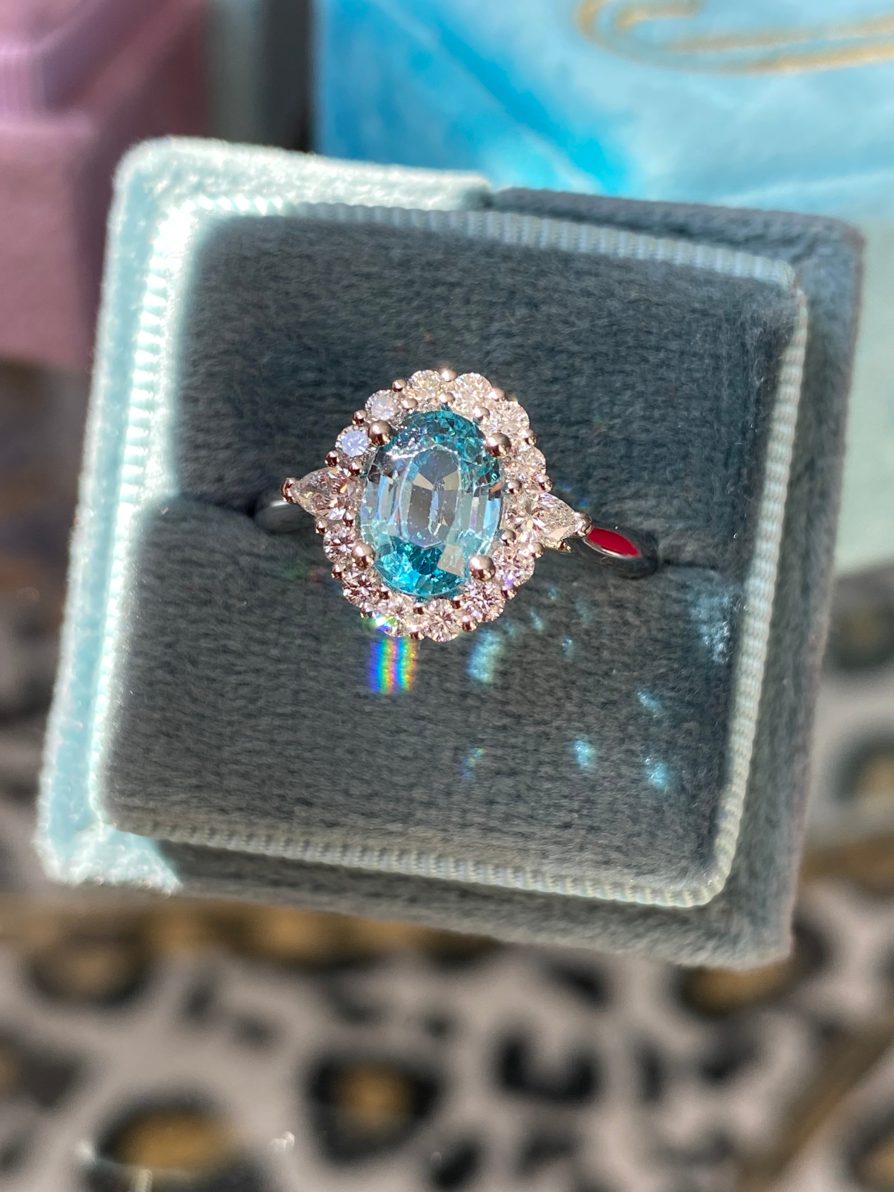 1.78 Carat Blue Zircon and Natural Diamond Halo Ring in Platinum