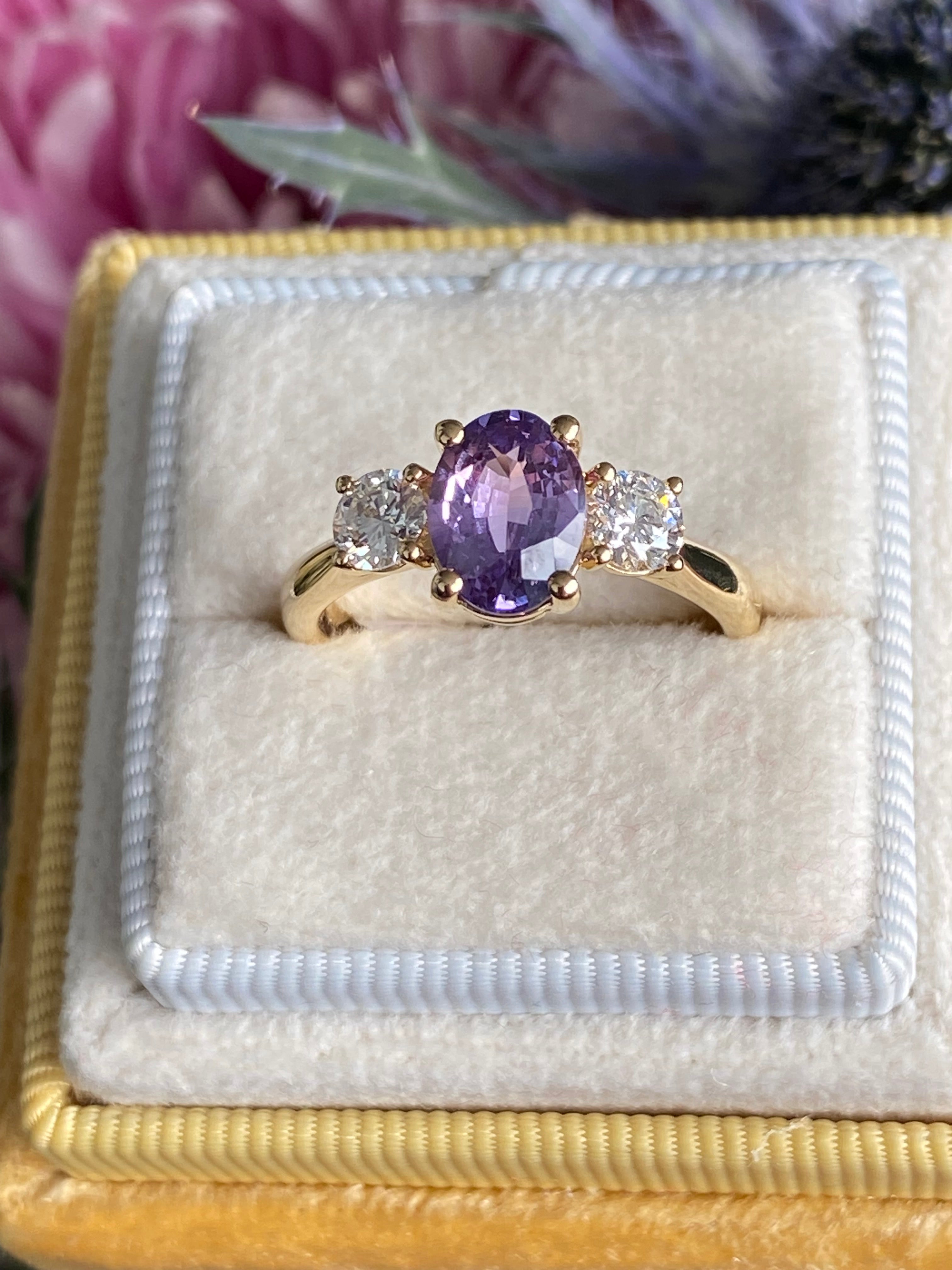 1.82 CTW Purple Sapphire and Natural Diamond Three Stone Ring in 18ct Yellow Gold