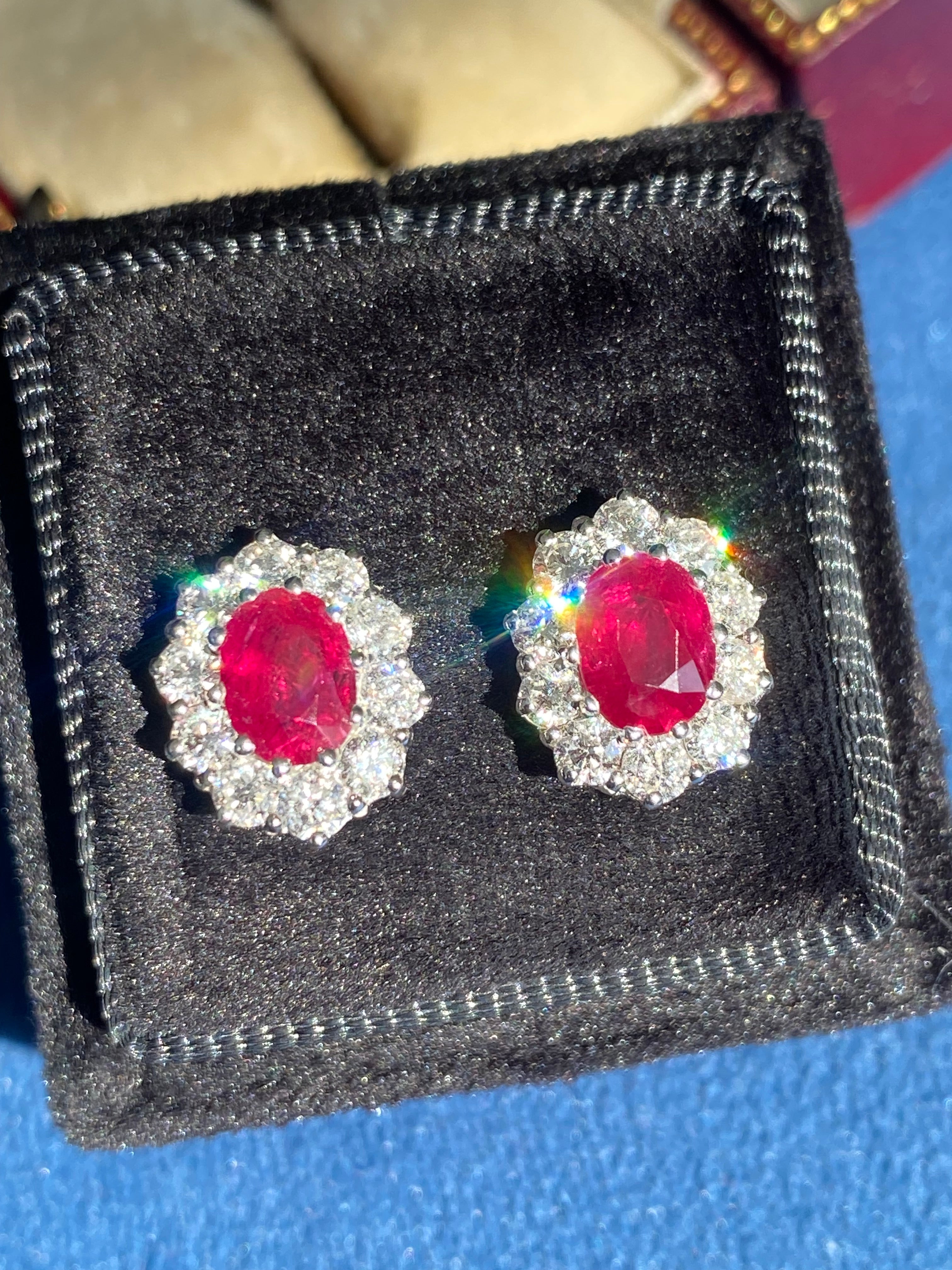 3.37 CTW Ruby and Natural Diamond Stud Earrings in 18ct White Gold