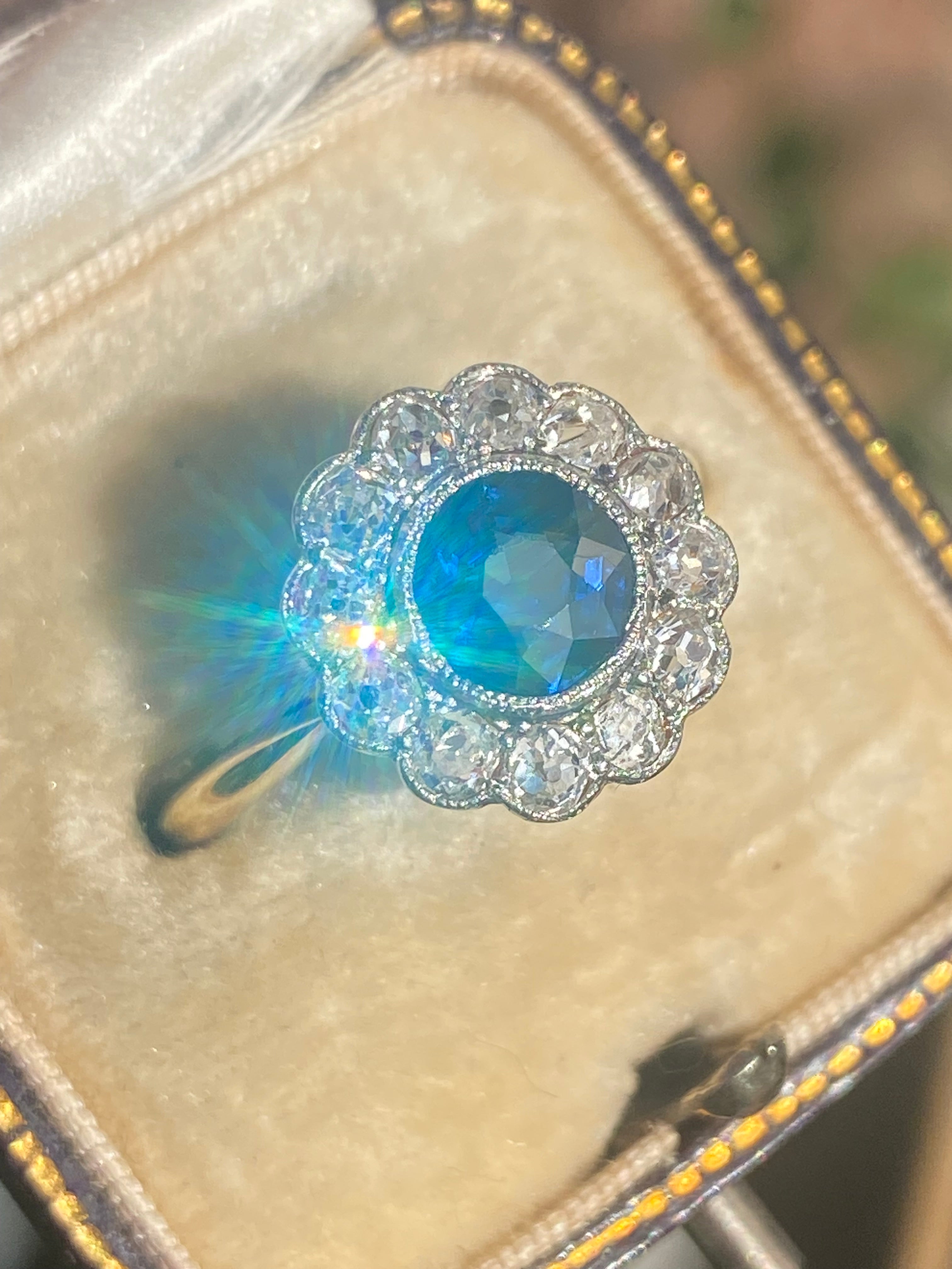 2.25 CTW Antique Edwardian Old Cut Sapphire and Diamond Daisy Ring in 18ct Gold and Platinum