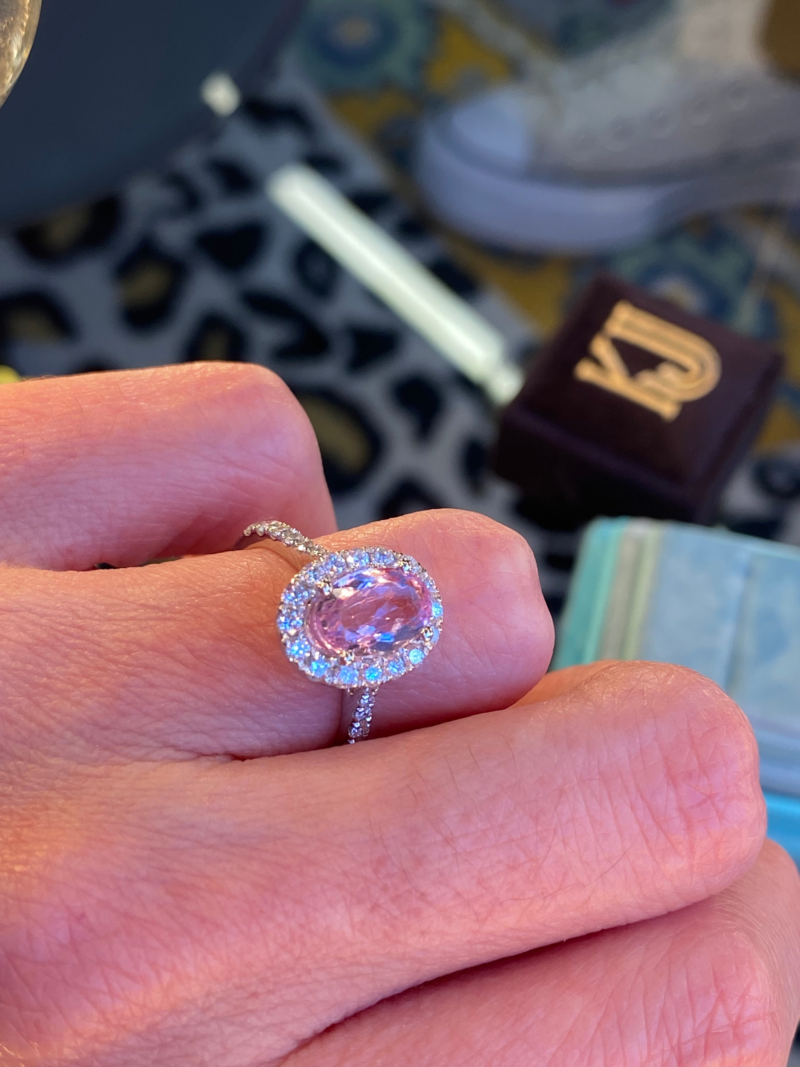 1.94 CTW Oval Cut Pink Topaz and Natural Diamond Halo Ring in Platinum
