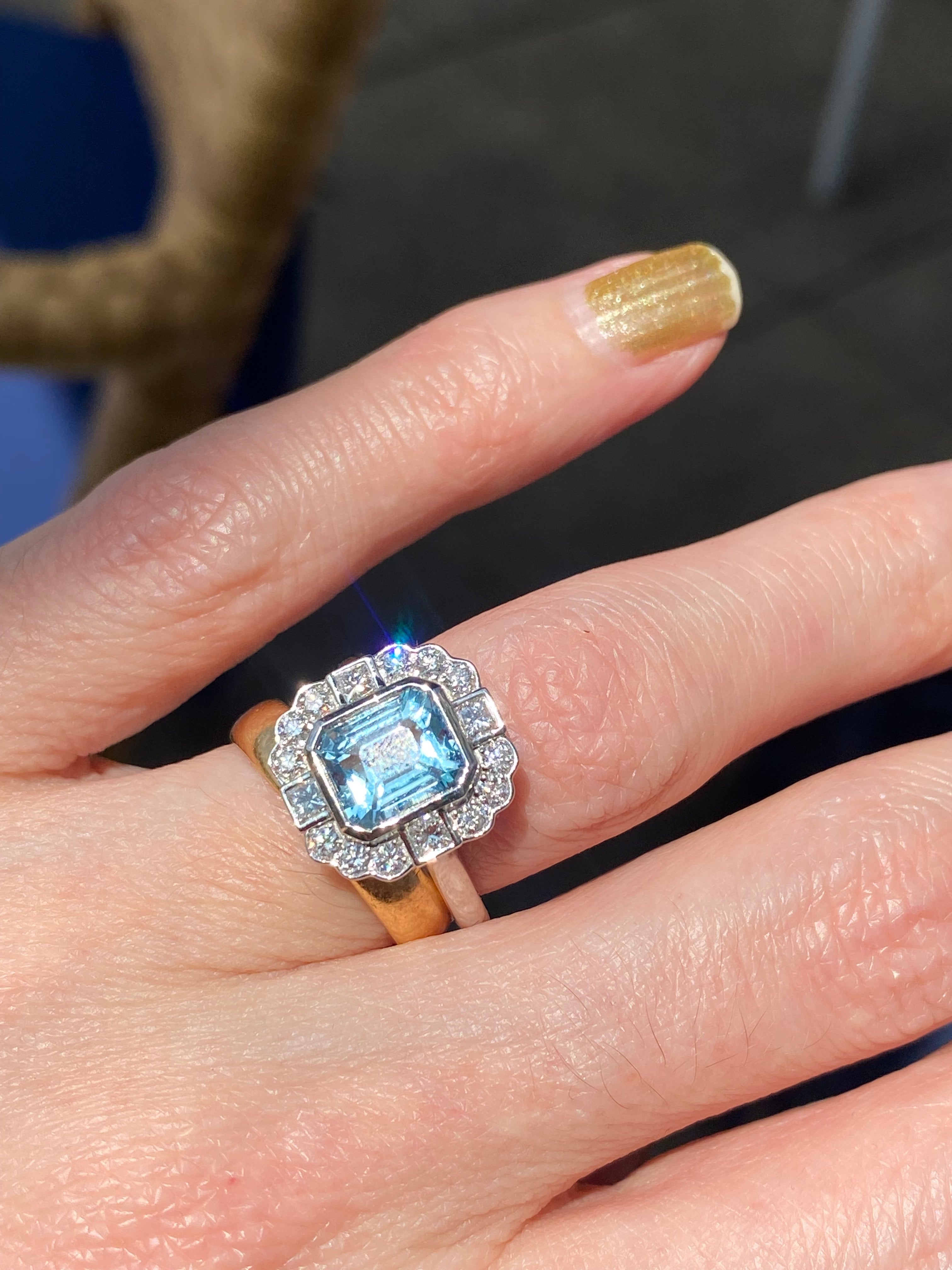 2.23 CTW Emerald Cut Aquamarine and Natural Diamond Engagement Ring in Platinum