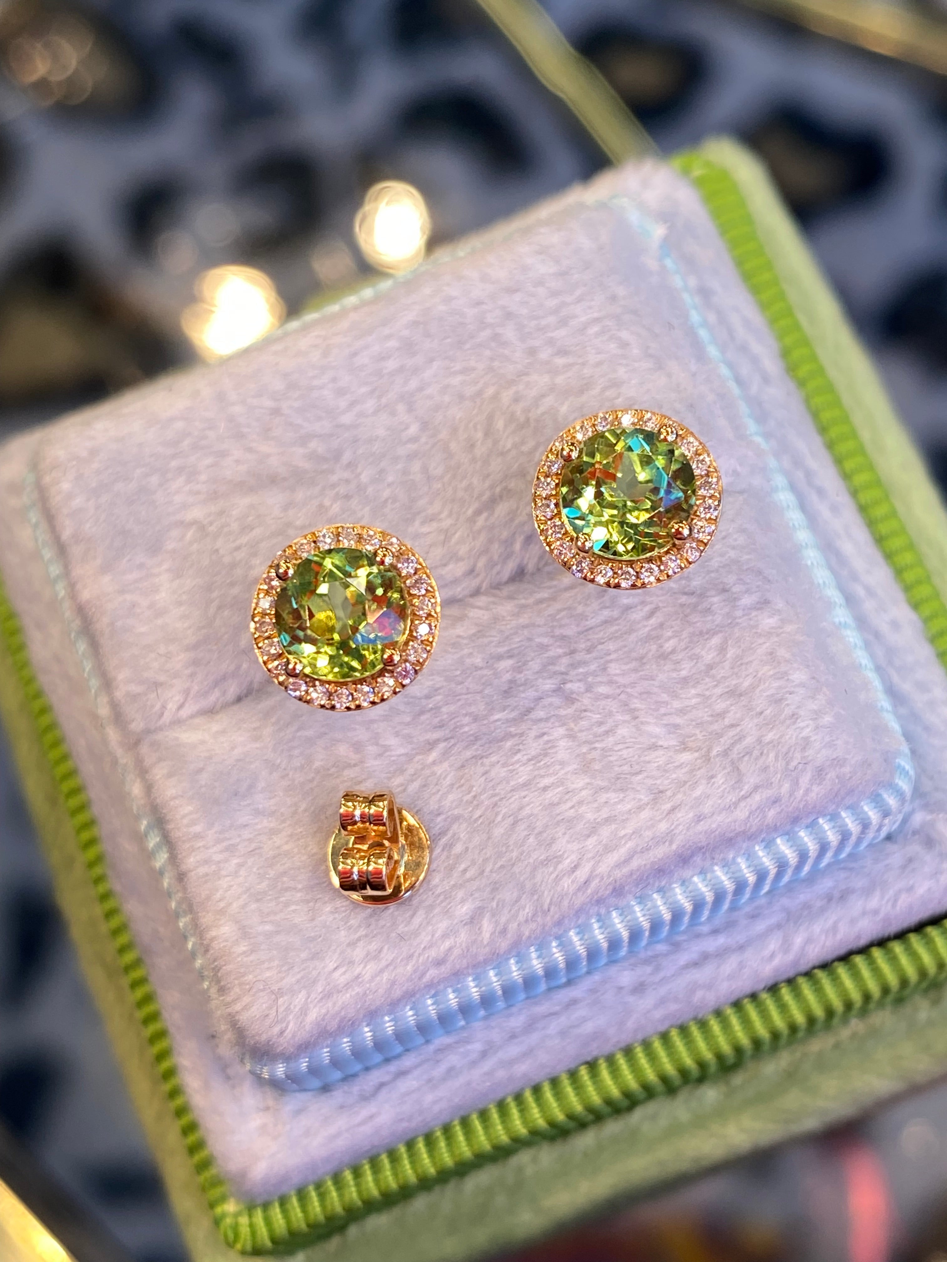 Peridot and Diamond Halo Stud Earrings in 18ct Yellow Gold
