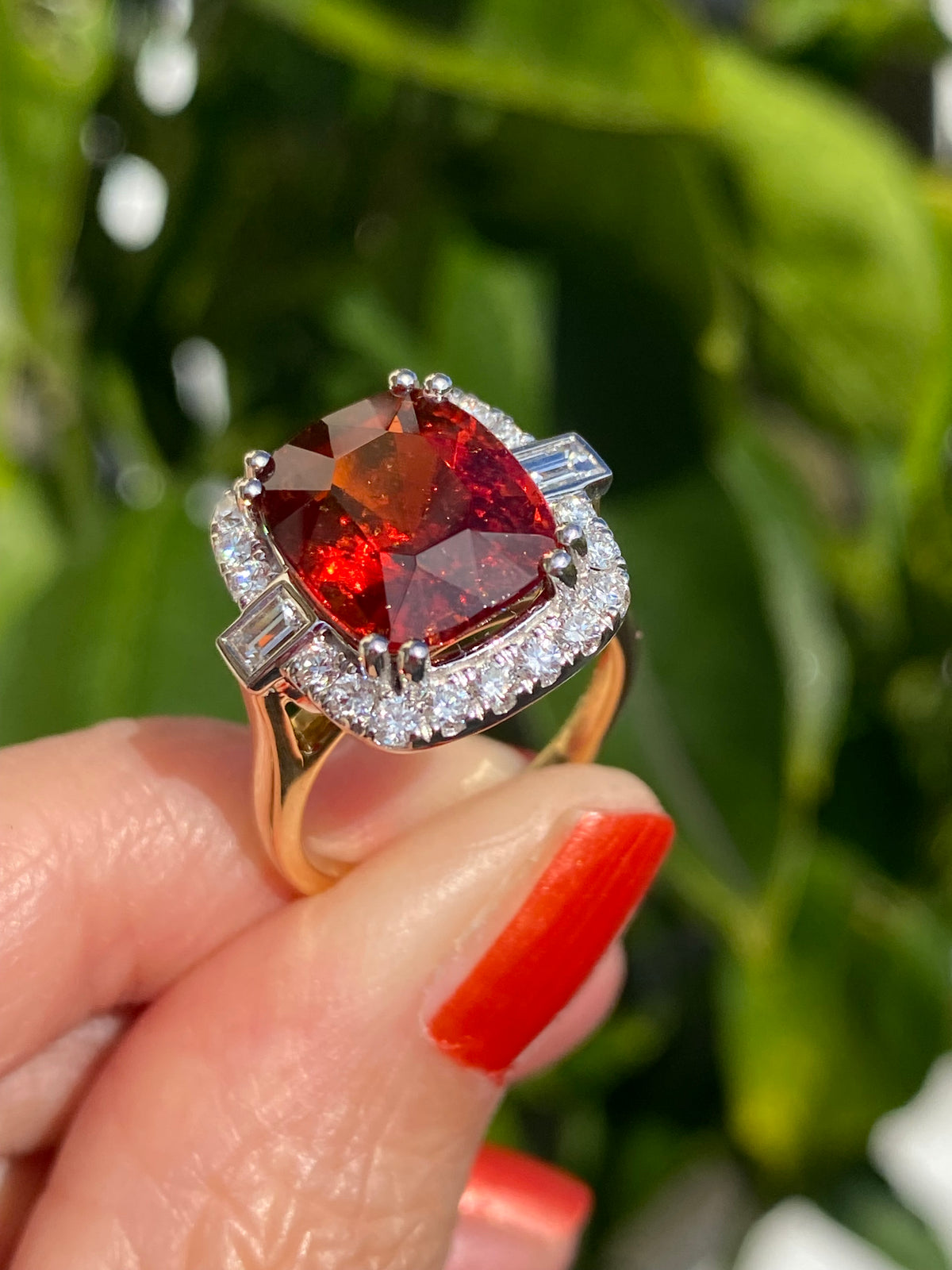 7.36 Carat Hessonite Garnet and Natural Diamond Ring in 18ct Gold