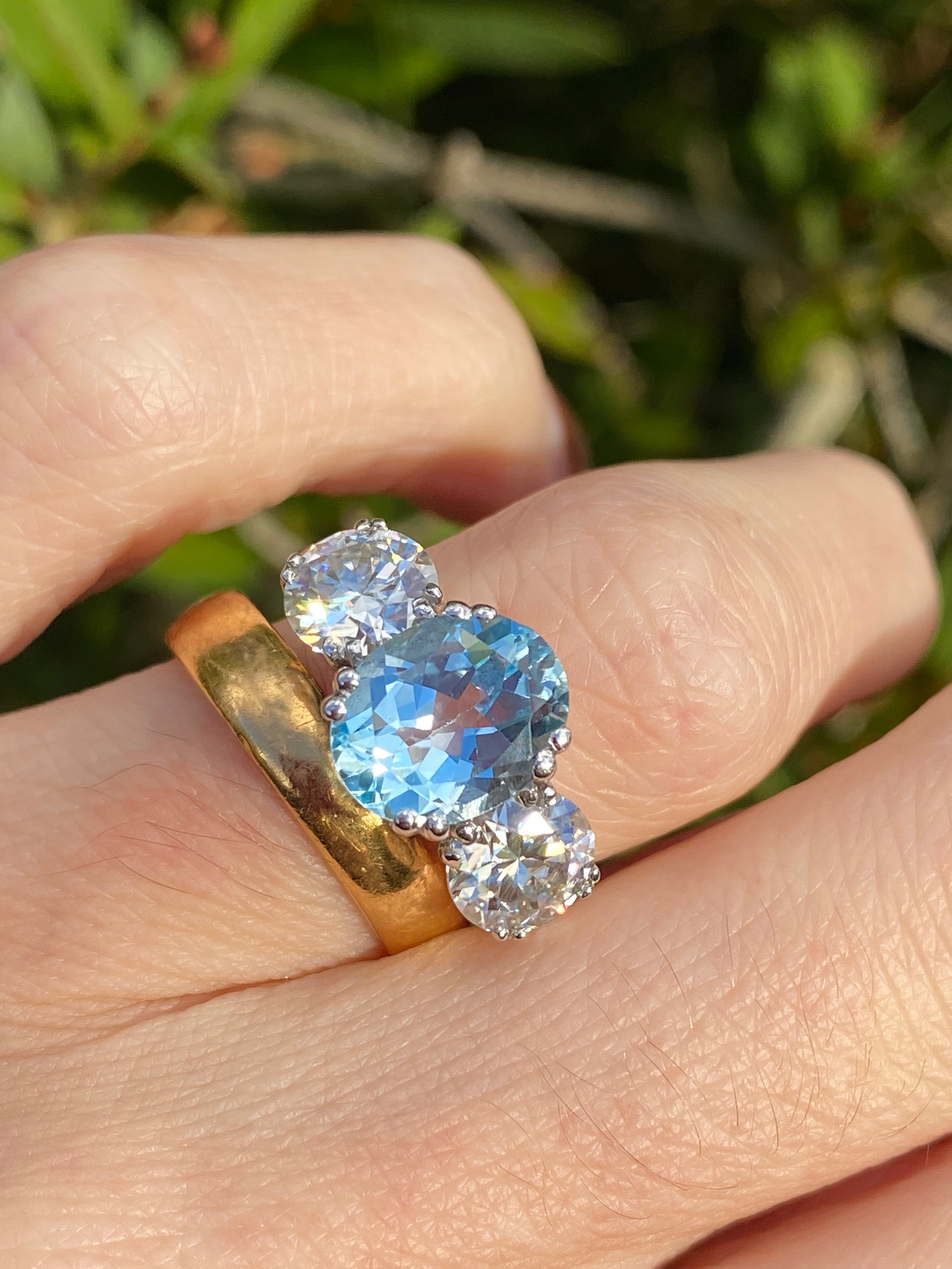 2.57 Carat Blue Topaz and 1.84 Carat Moissanite Three Stone Ring in Sterling Silver