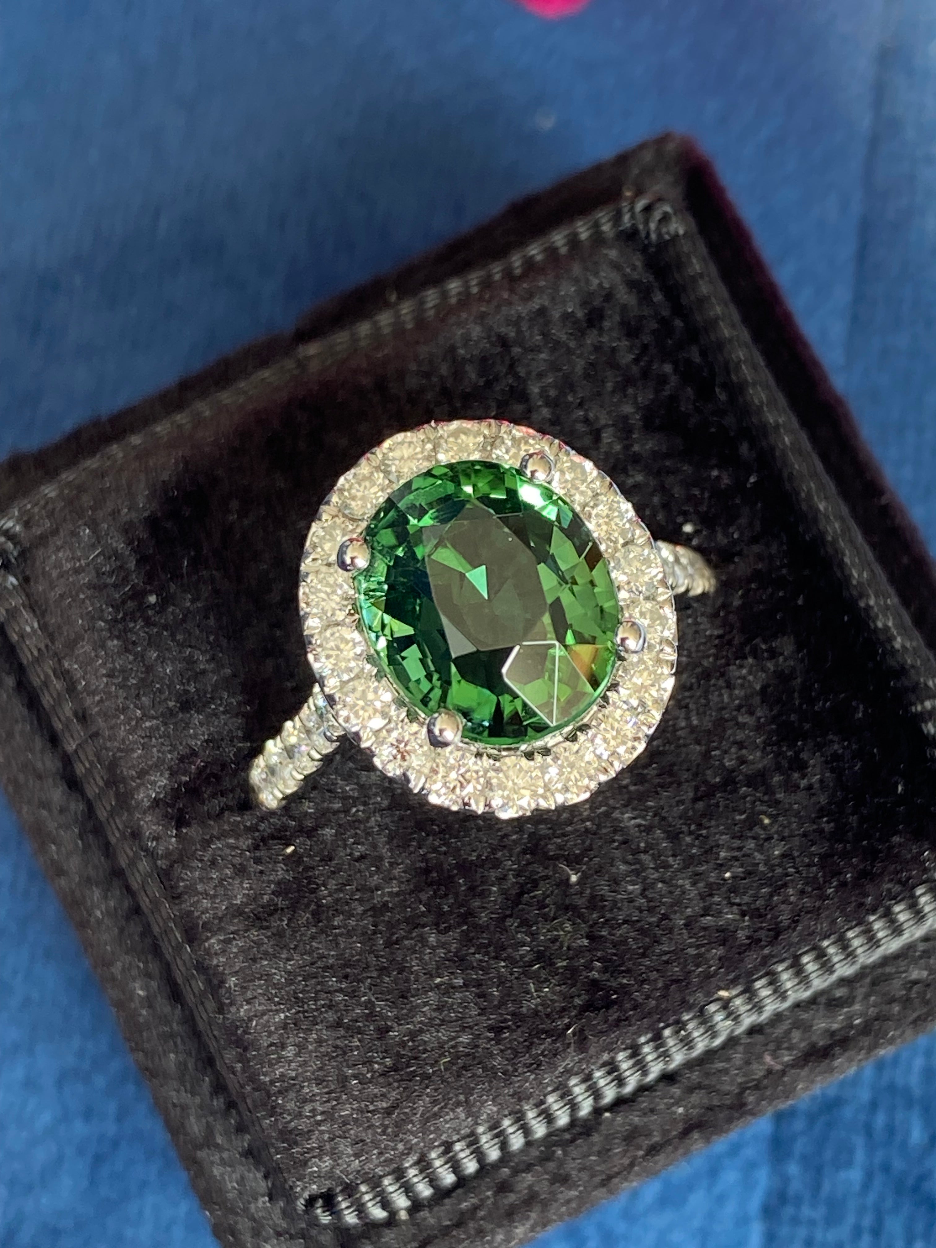 5.45 CTW Green Tourmaline and Natural Diamond Halo Ring in Platinum