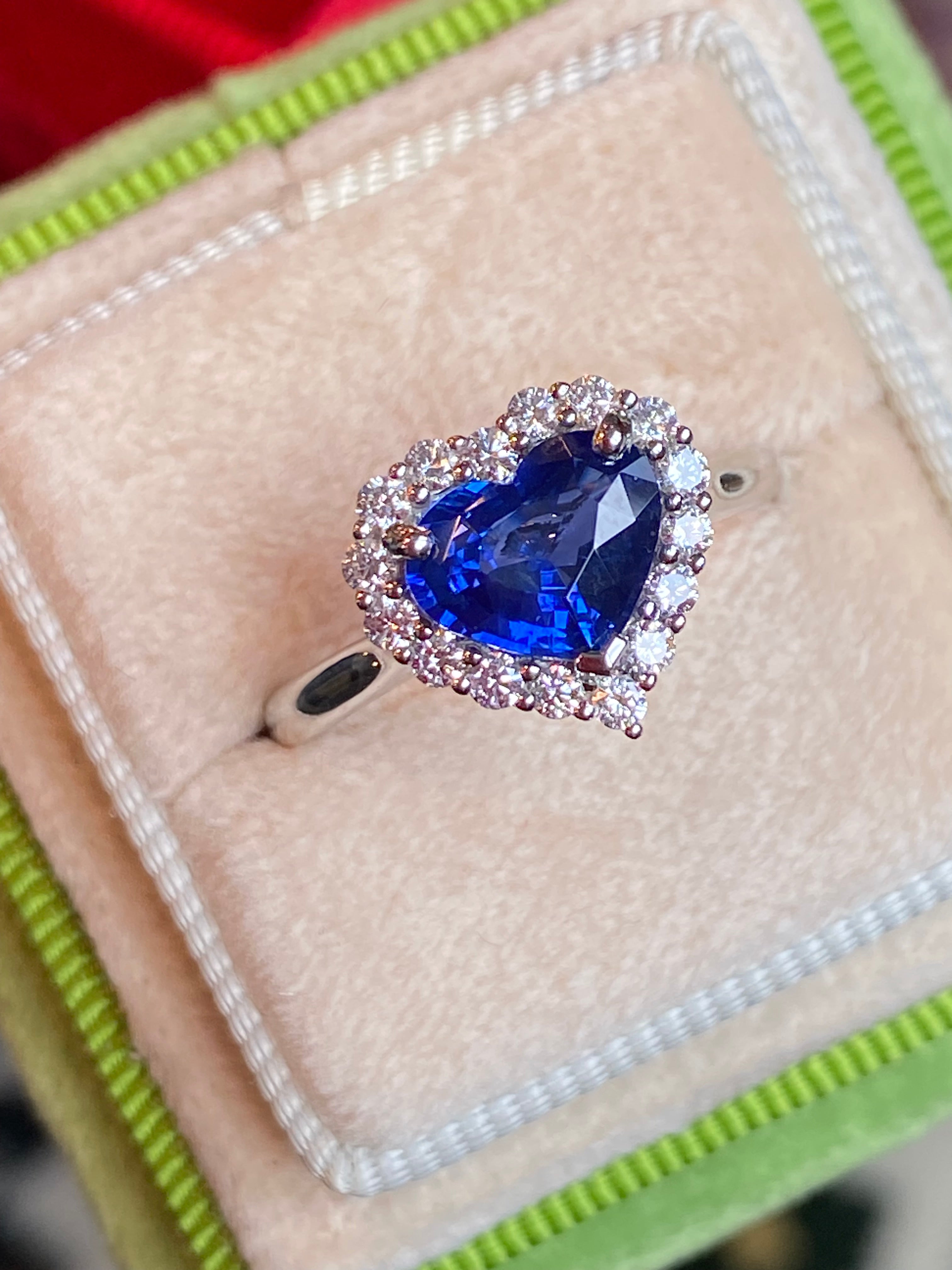 2.24 Carat Heart Shape Ceylon Sapphire and Natural Diamond Halo Ring in Platinum