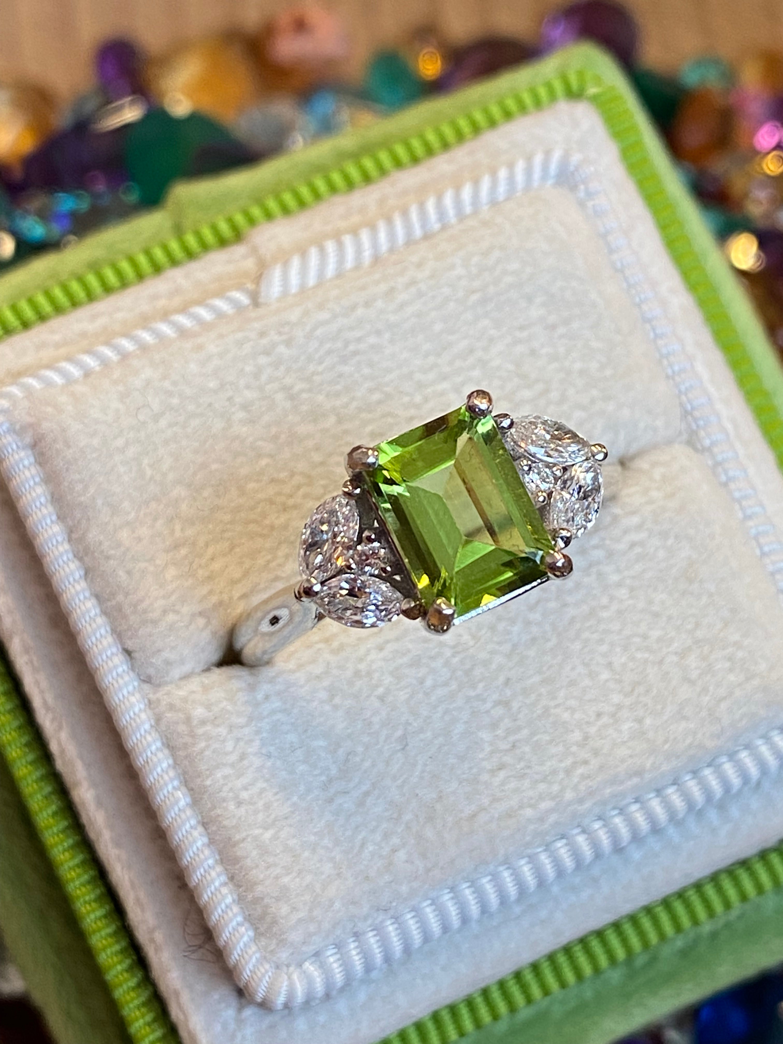 1.96 CTW Carat Peridot and Diamond Three Stone Engagement Ring in Platinum