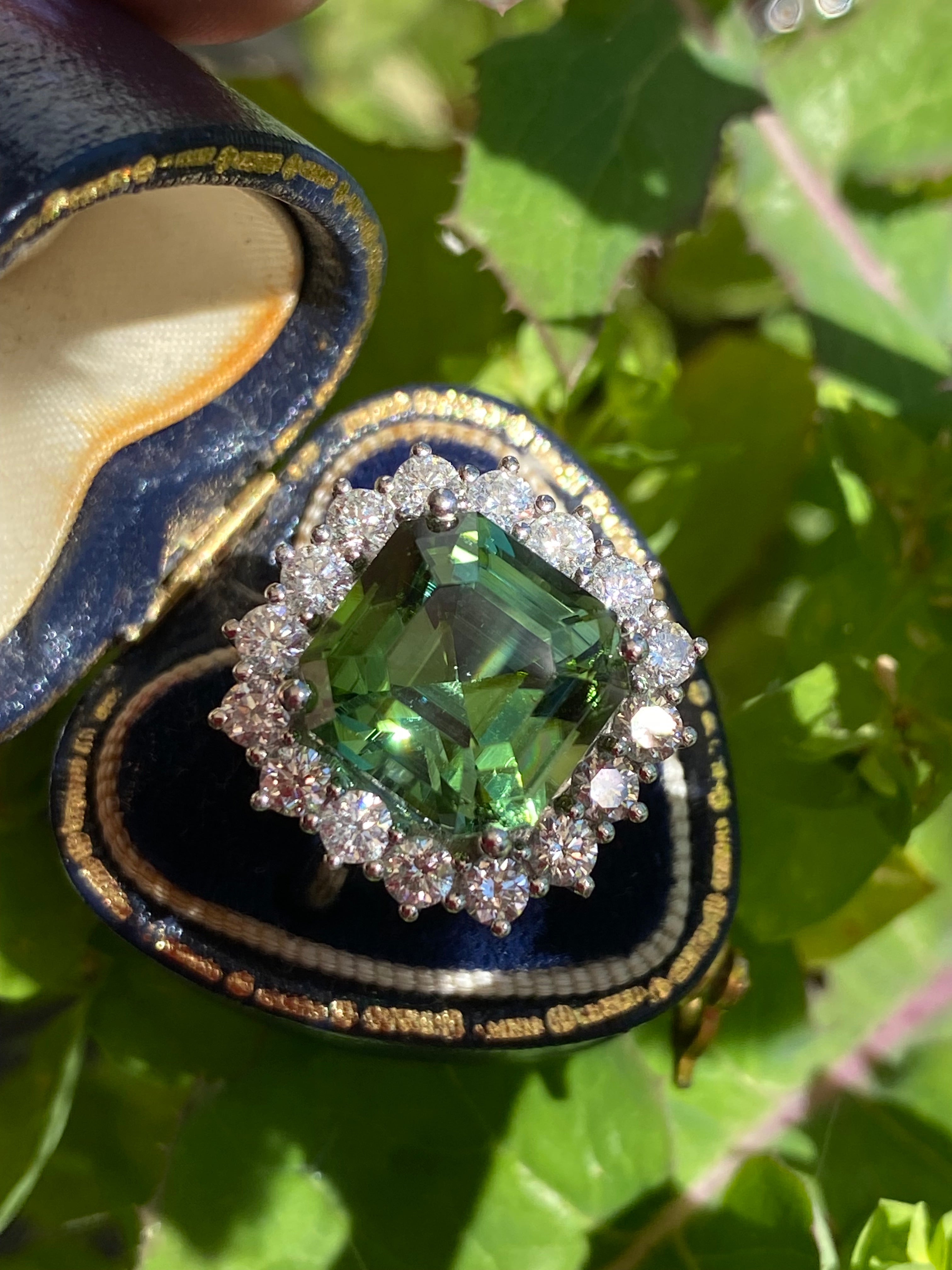 8.44 Carat Asscher Cut Green Tourmaline and 1.38ctw Natural Diamond Ring in Platinum
