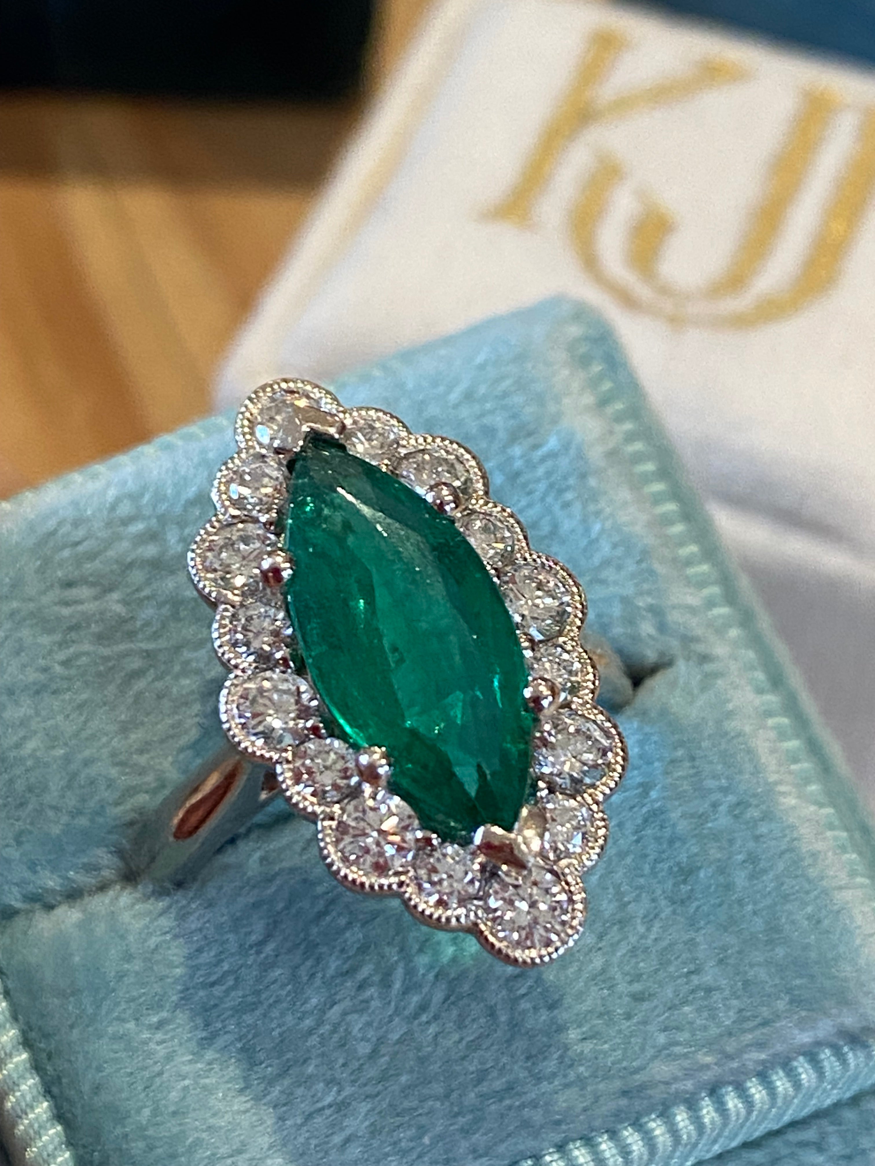 3.47 CTW Marquise Cut Emerald and Natural Diamond Halo Ring in Platinum