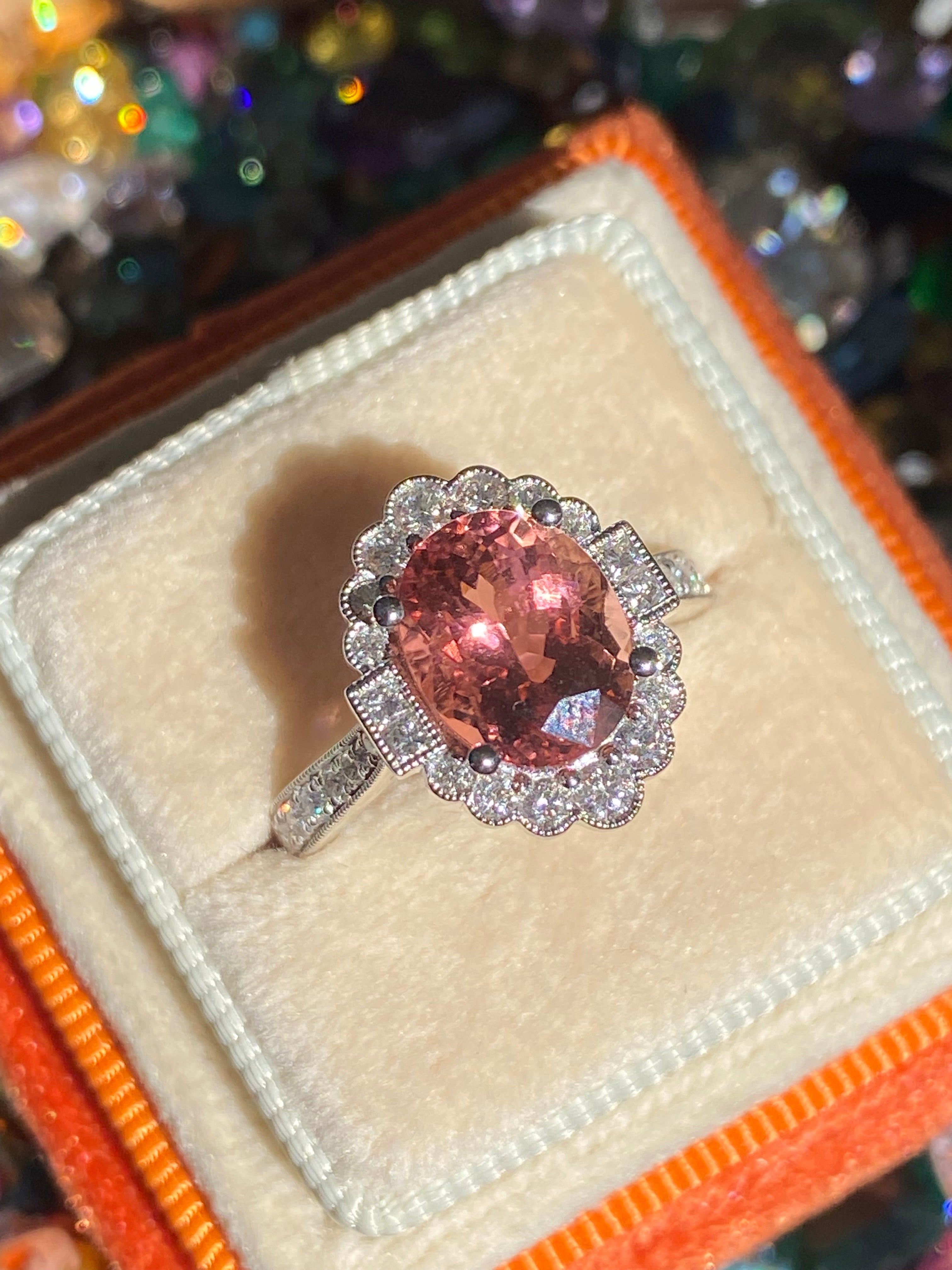 3.69 CTW Rose Tourmaline and Natural Diamond Halo Ring in Platinum