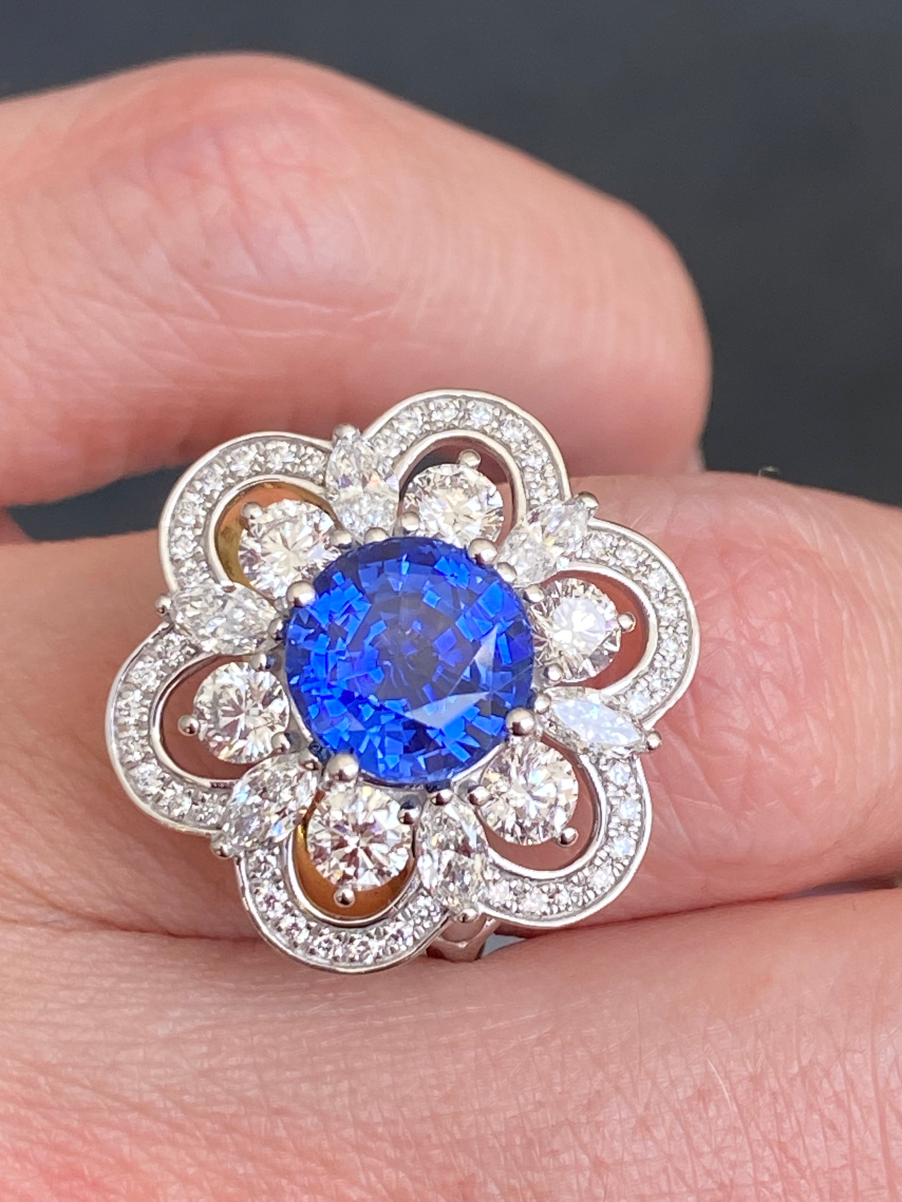 Masterpiece Showstopper 5.44 CTW Ceylon Sapphire and Natural Diamond Halo Cocktail Ring in Platinum