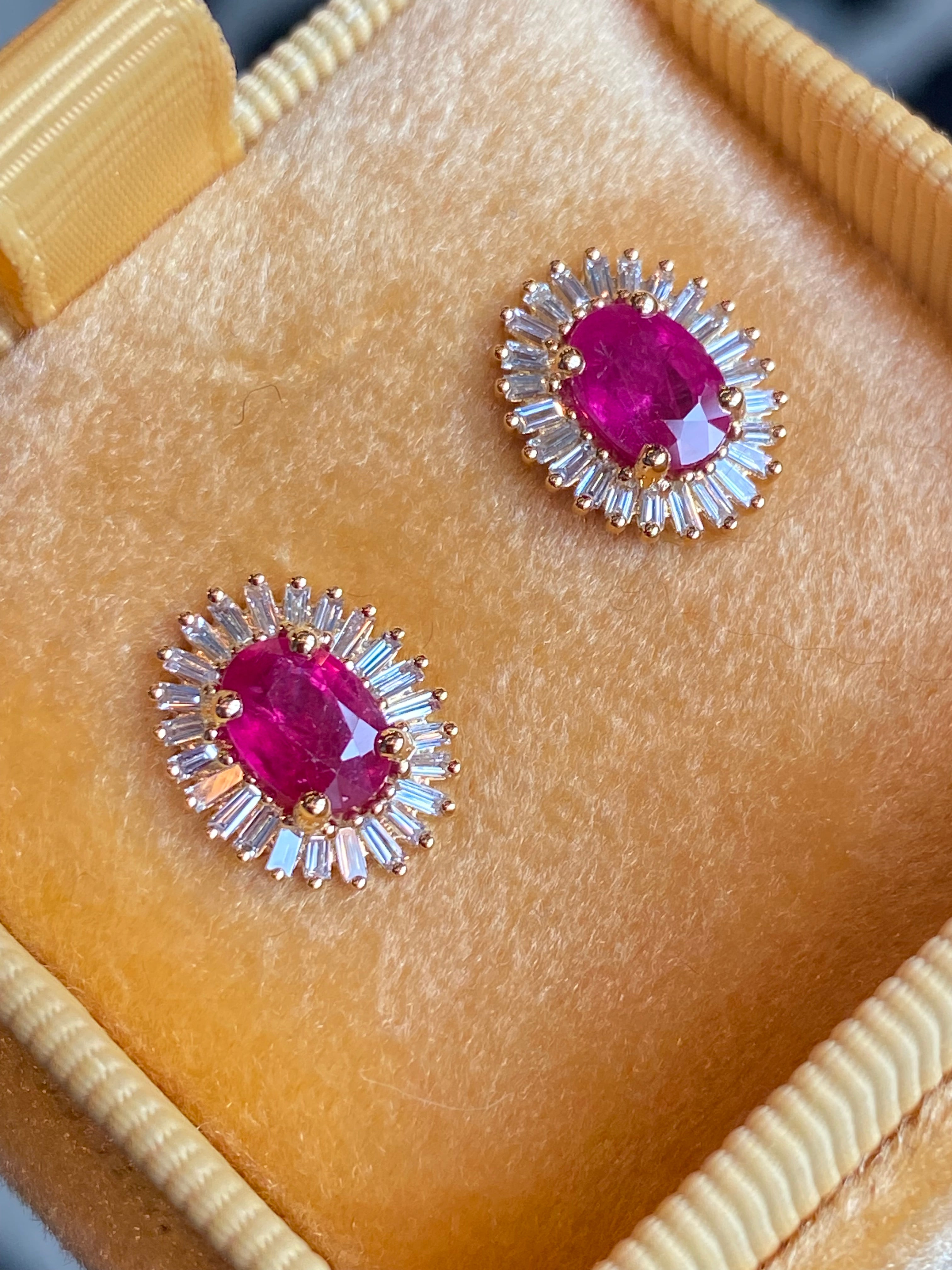 2.22 CTW Ruby and Natural Diamond Halo Stud Ballerina Earrings in 18ct Yellow Gold