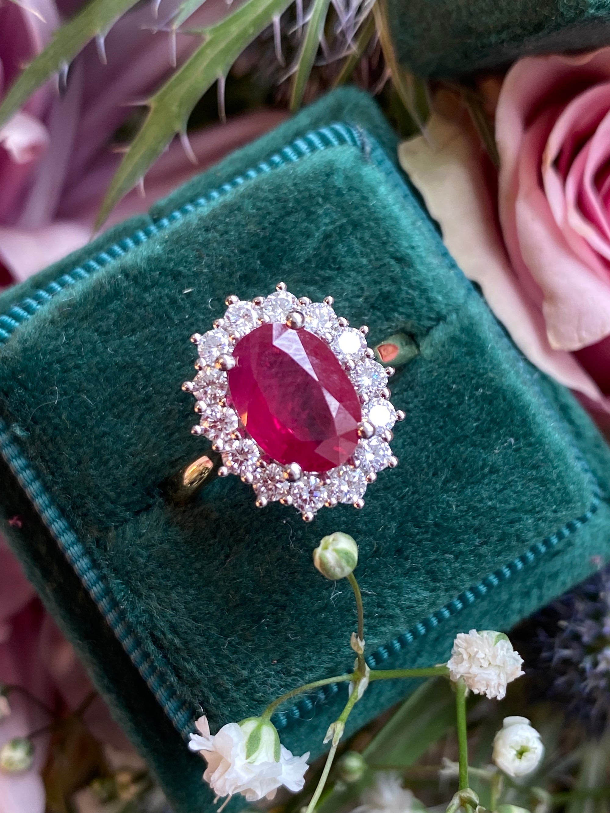 2.95ctw Oval-Cut Ruby and Natural Diamond Halo Ring in Platinum and 18ct Yellow Gold
