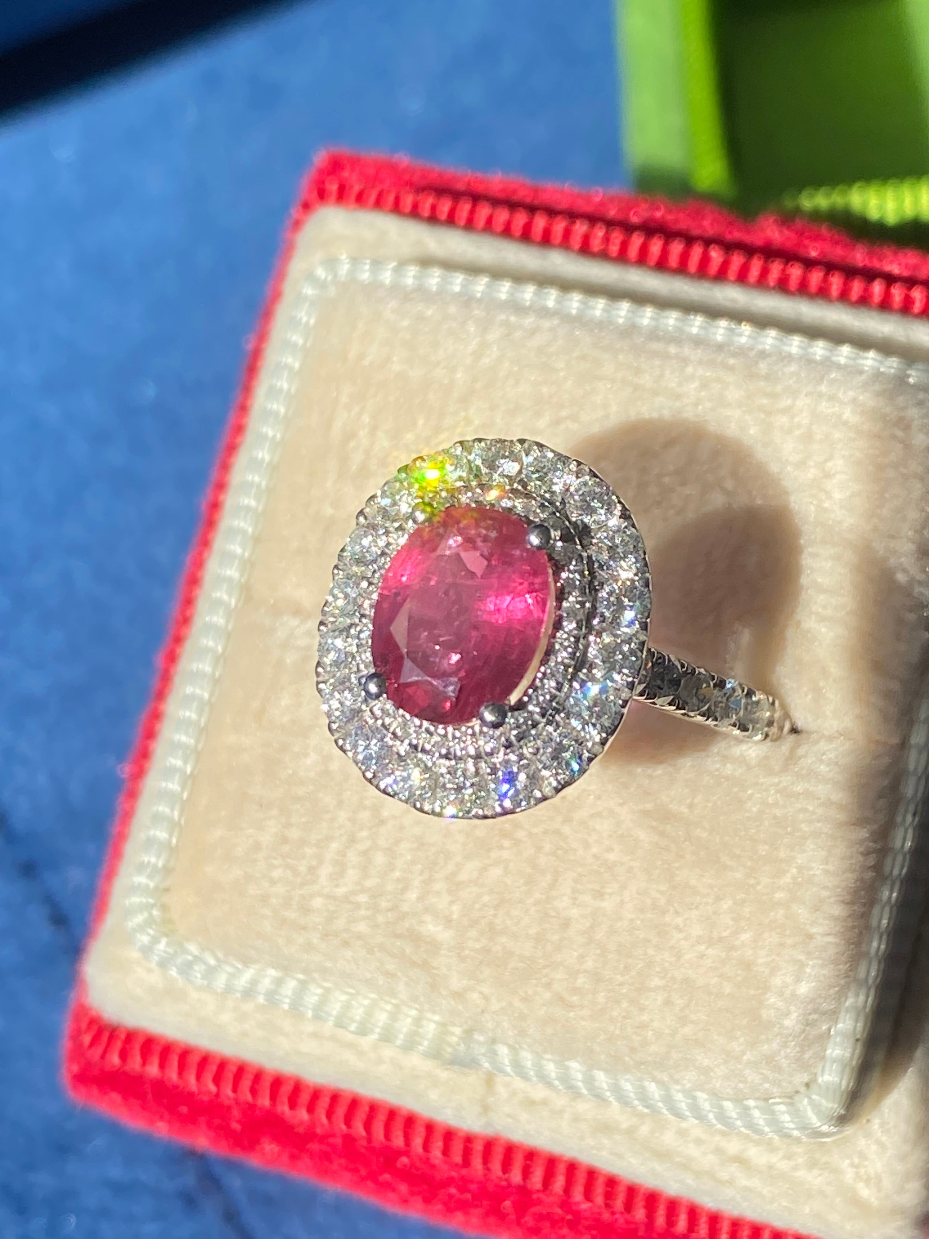 2.56 CTW Oval-Cut Ruby and Natural Diamond Double Halo Ring in Platinum