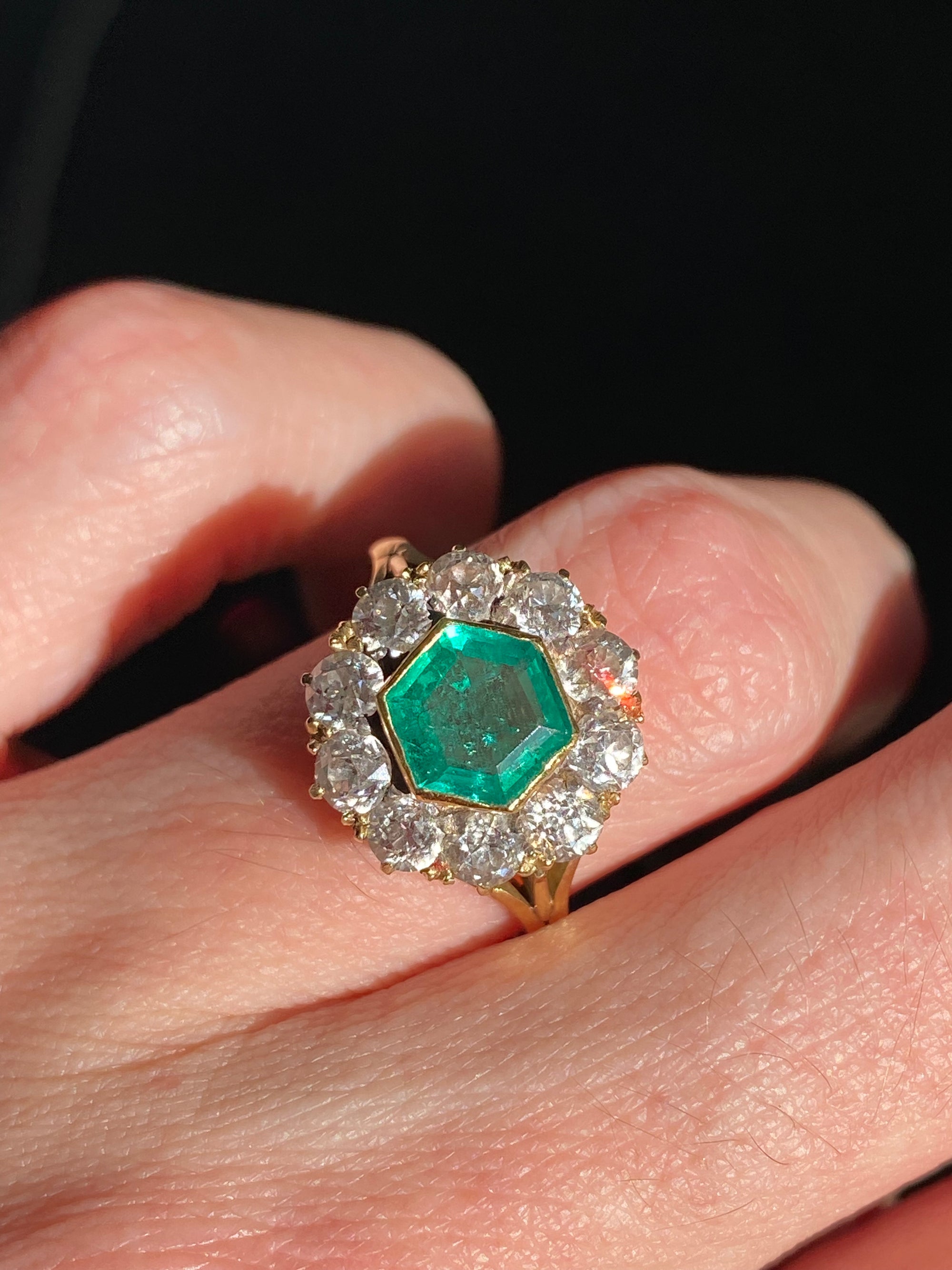 3.00 CTW Colombian Emerald and Old Cut Diamond Halo Ring in 18ct Yellow Gold