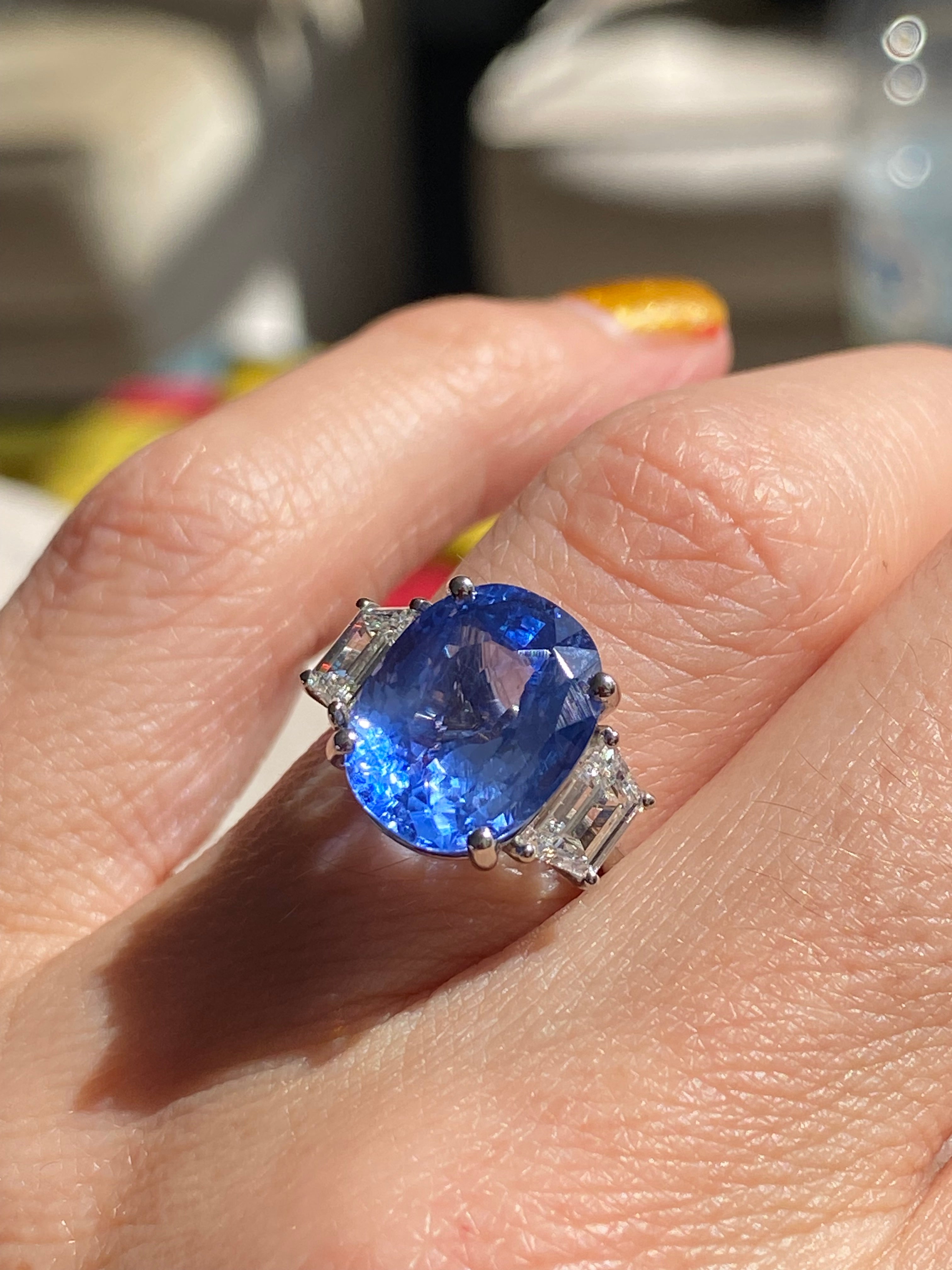 6.25 Carat Unheated Blue Ceylon Sapphire and 0.95 Carat Diamond Ring
