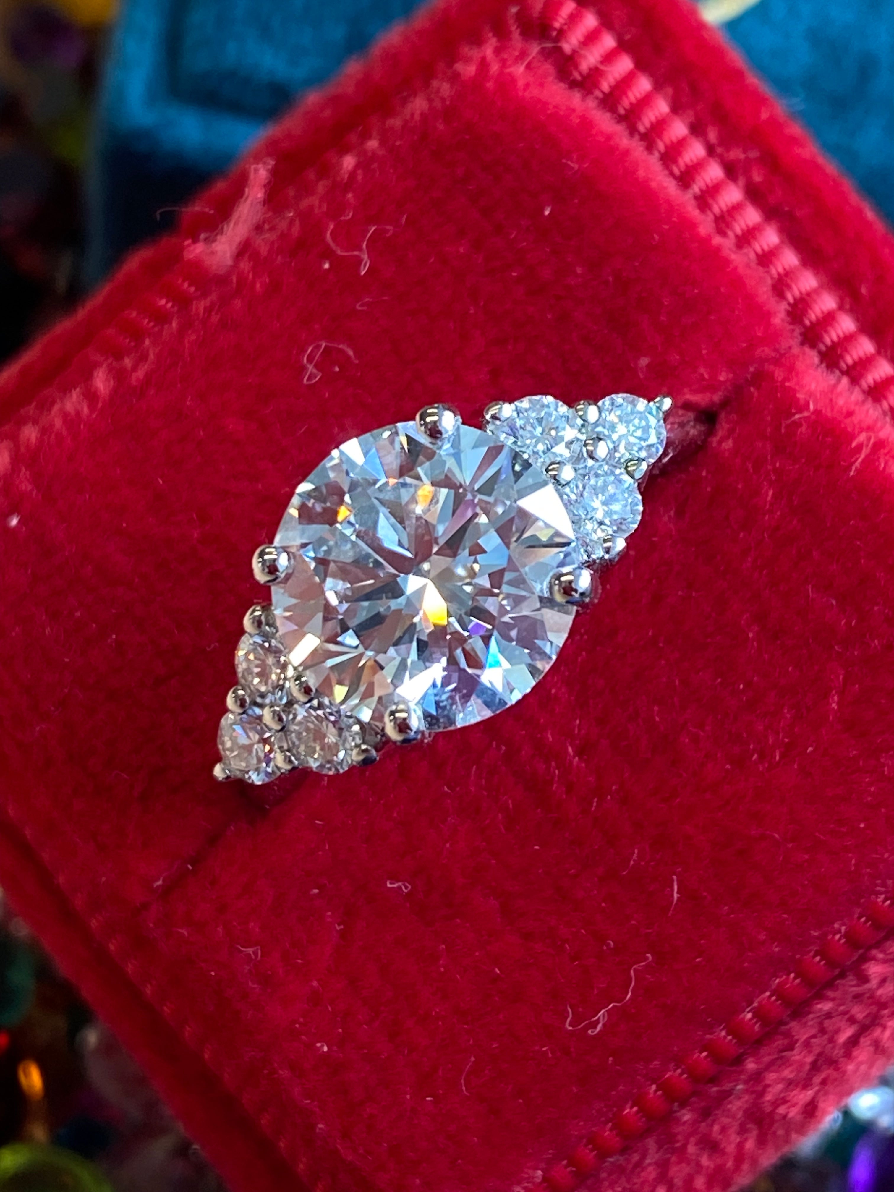 3.39 Carat Round Brilliant Cut D Colour VS1 Lab Diamond Trefoil Three Stone Ring in Platinum