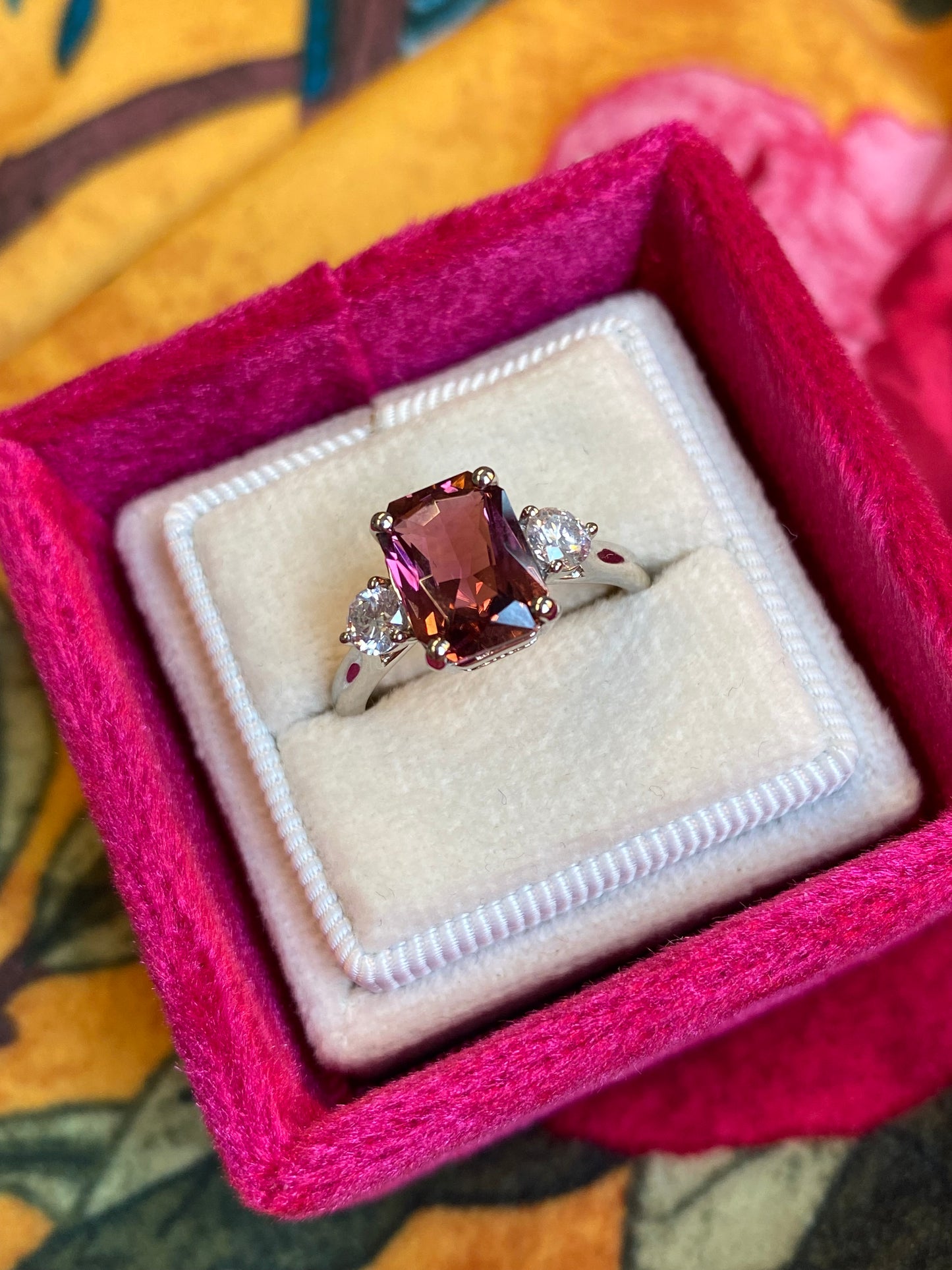 2.46 Carat Cut Pink Tourmaline and Diamond Ring in Platinum