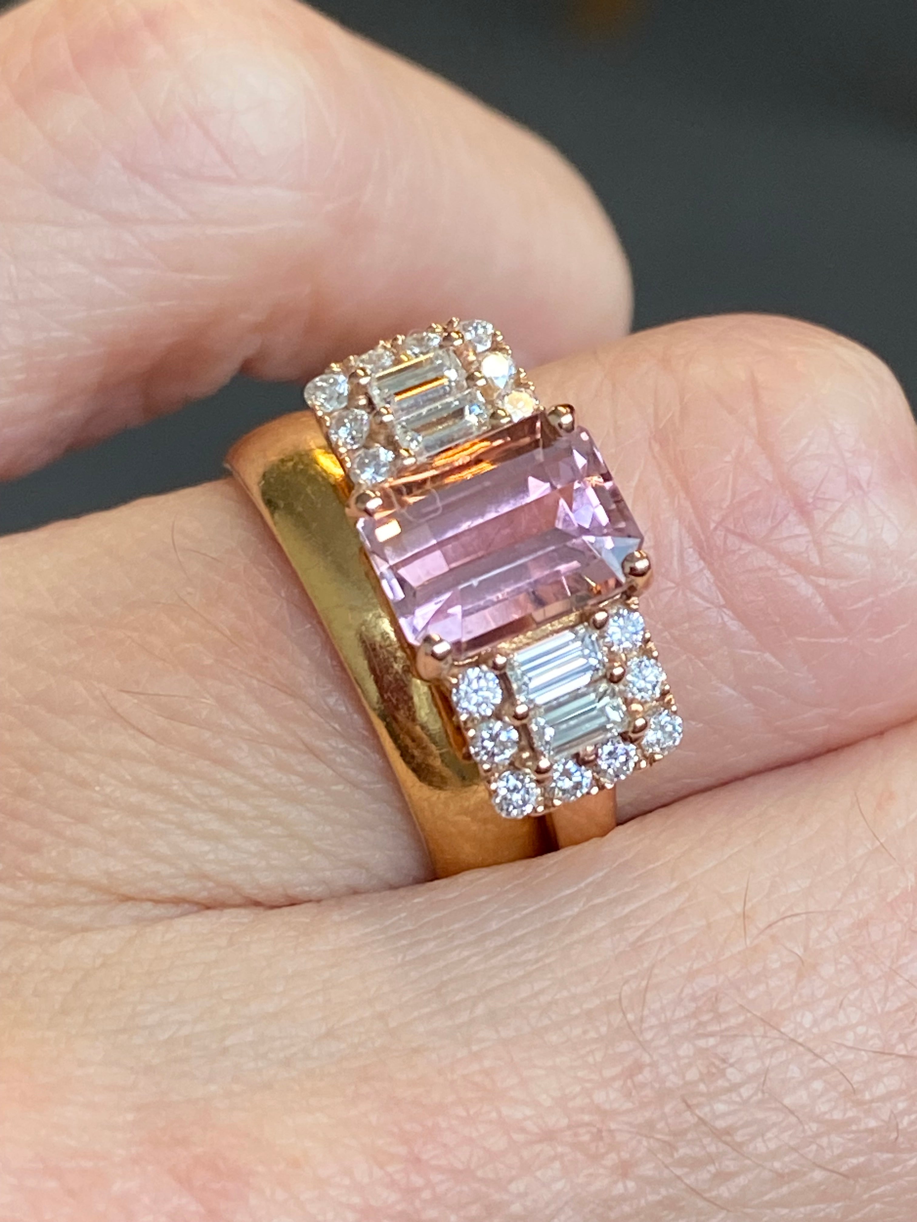 2.49 CTW Emerald Cut Morganite and Diamond Three Stone Style Engagement Ring in 18ct Rose Gold