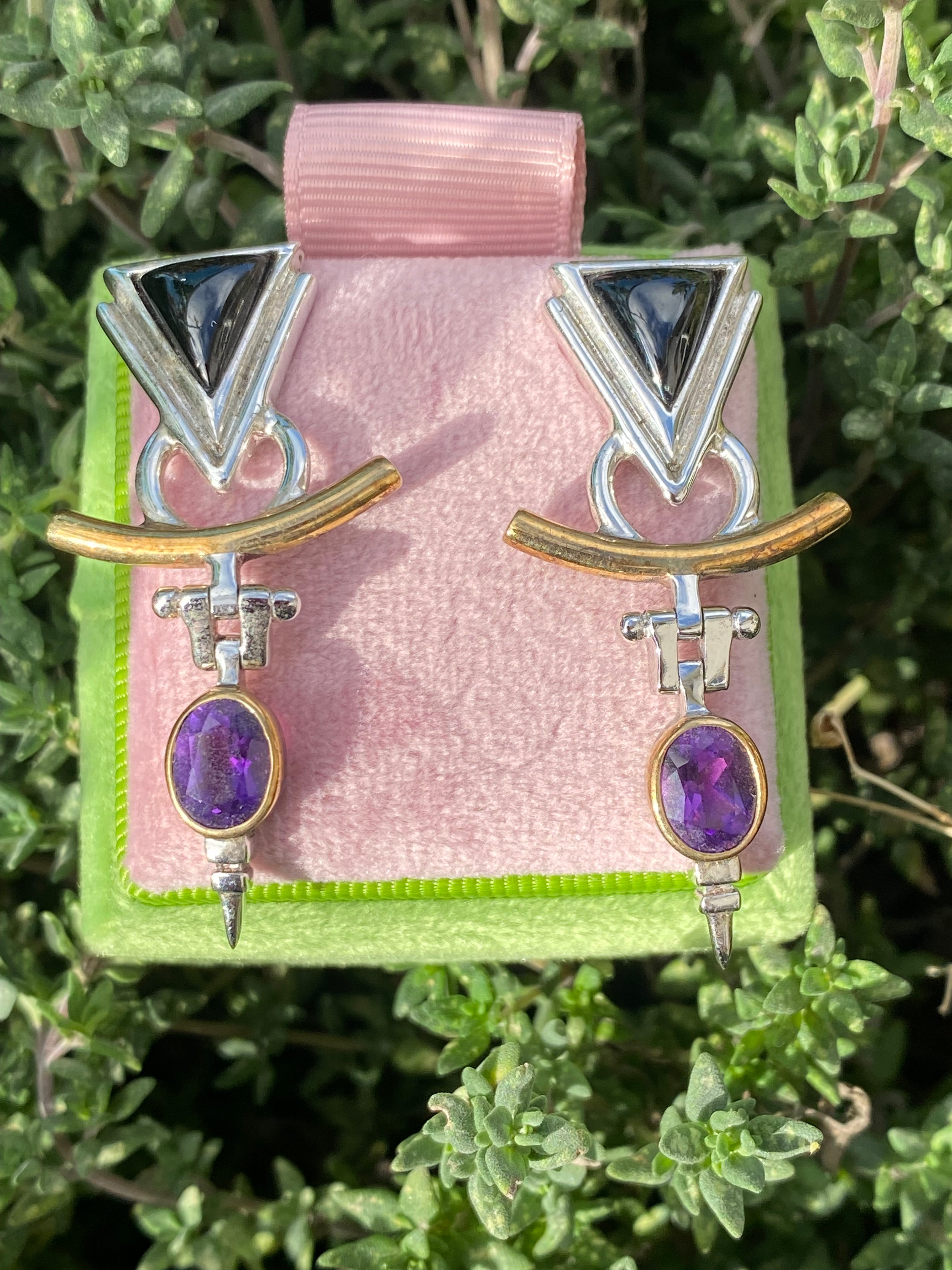 Statement 1980’s Amethyst and Black Onyx Earrings in Sterling Silver and 18ct Yellow Gold