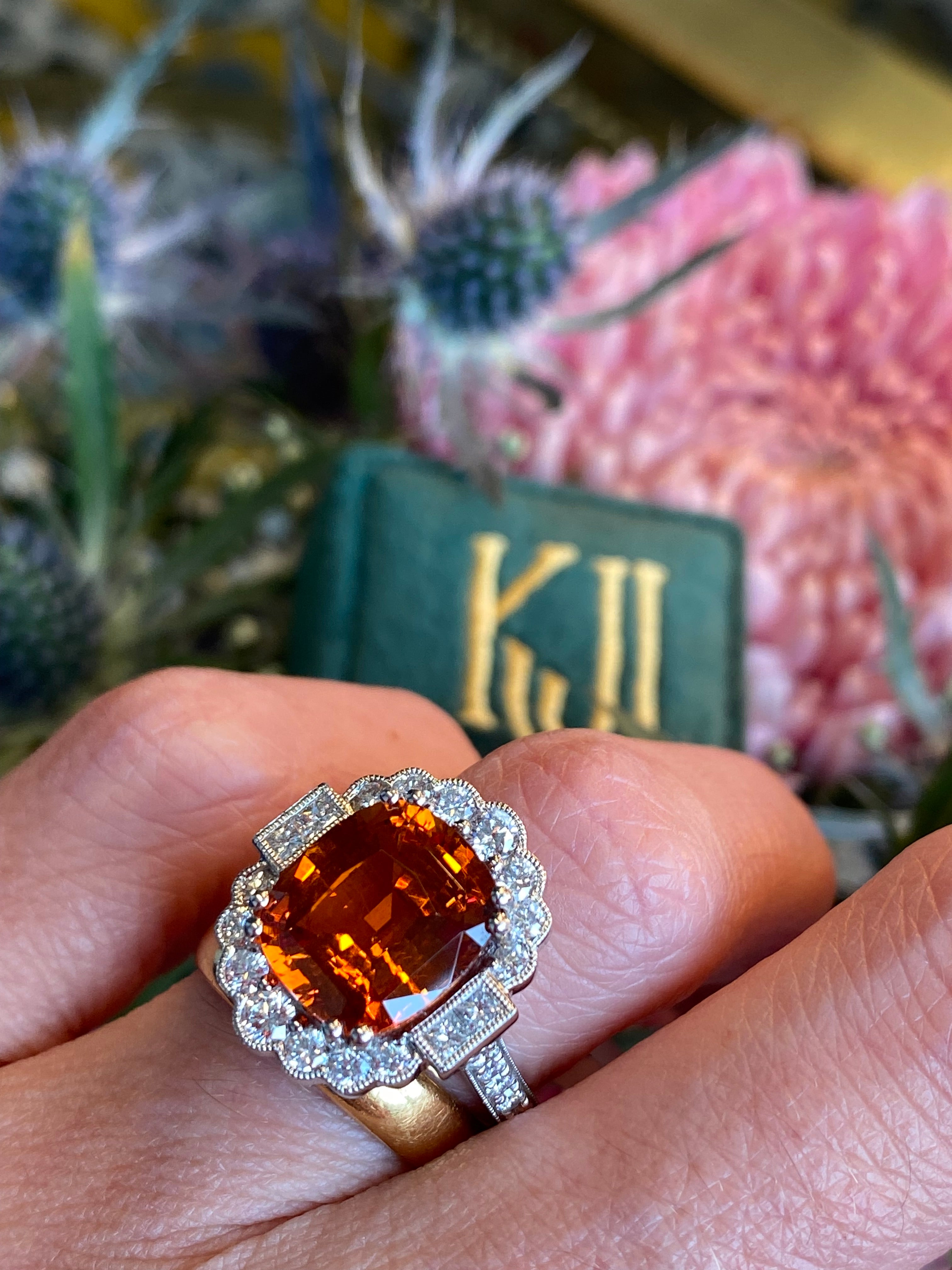 5.95 Carat Hessonite Garnet and 1.03ctw Natural Diamond Ring in Platinum