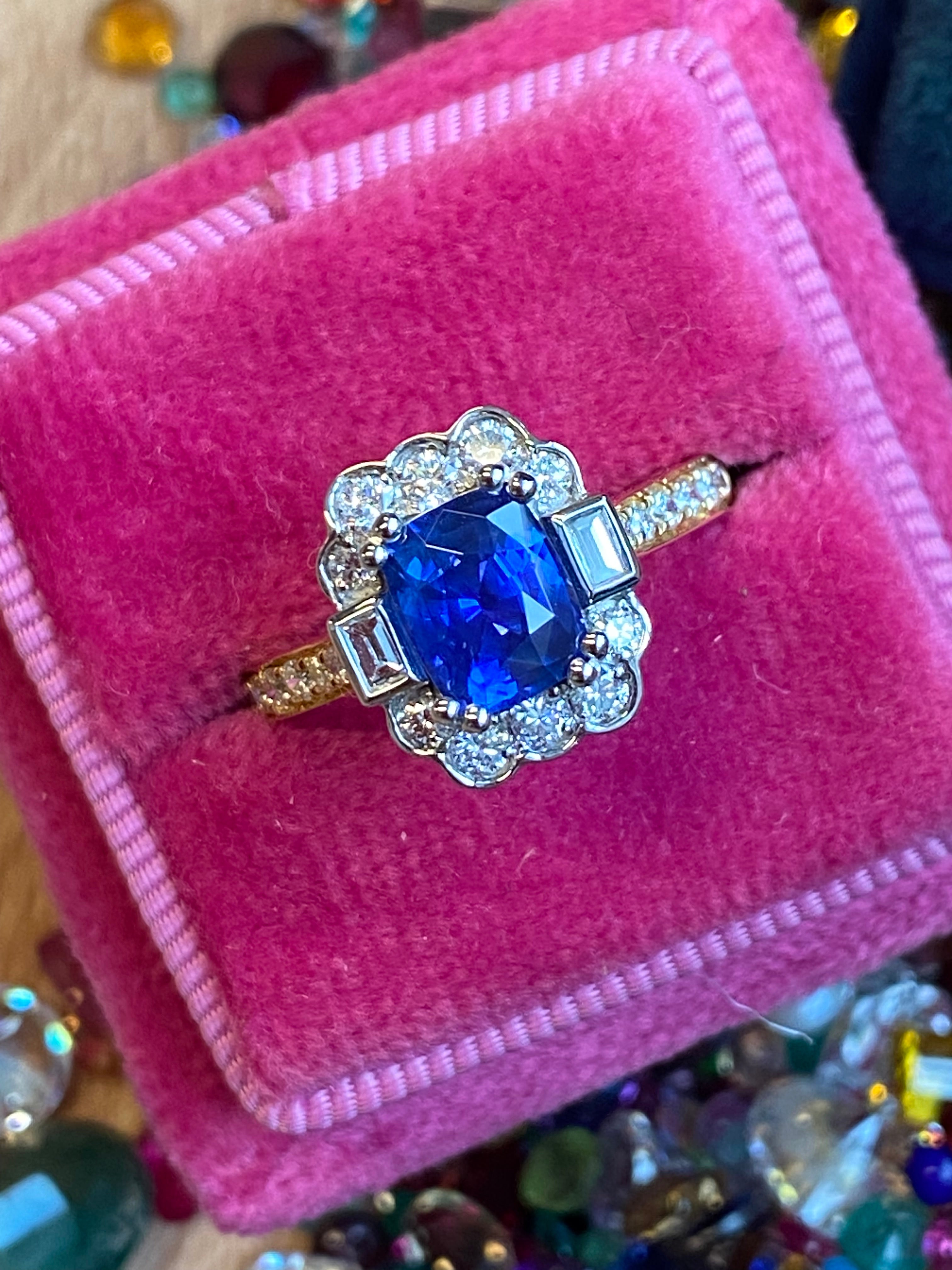 2.11 CTW Cushion Cut Ceylon Sapphire and Natural Diamond Ring in 18ct Yellow Gold