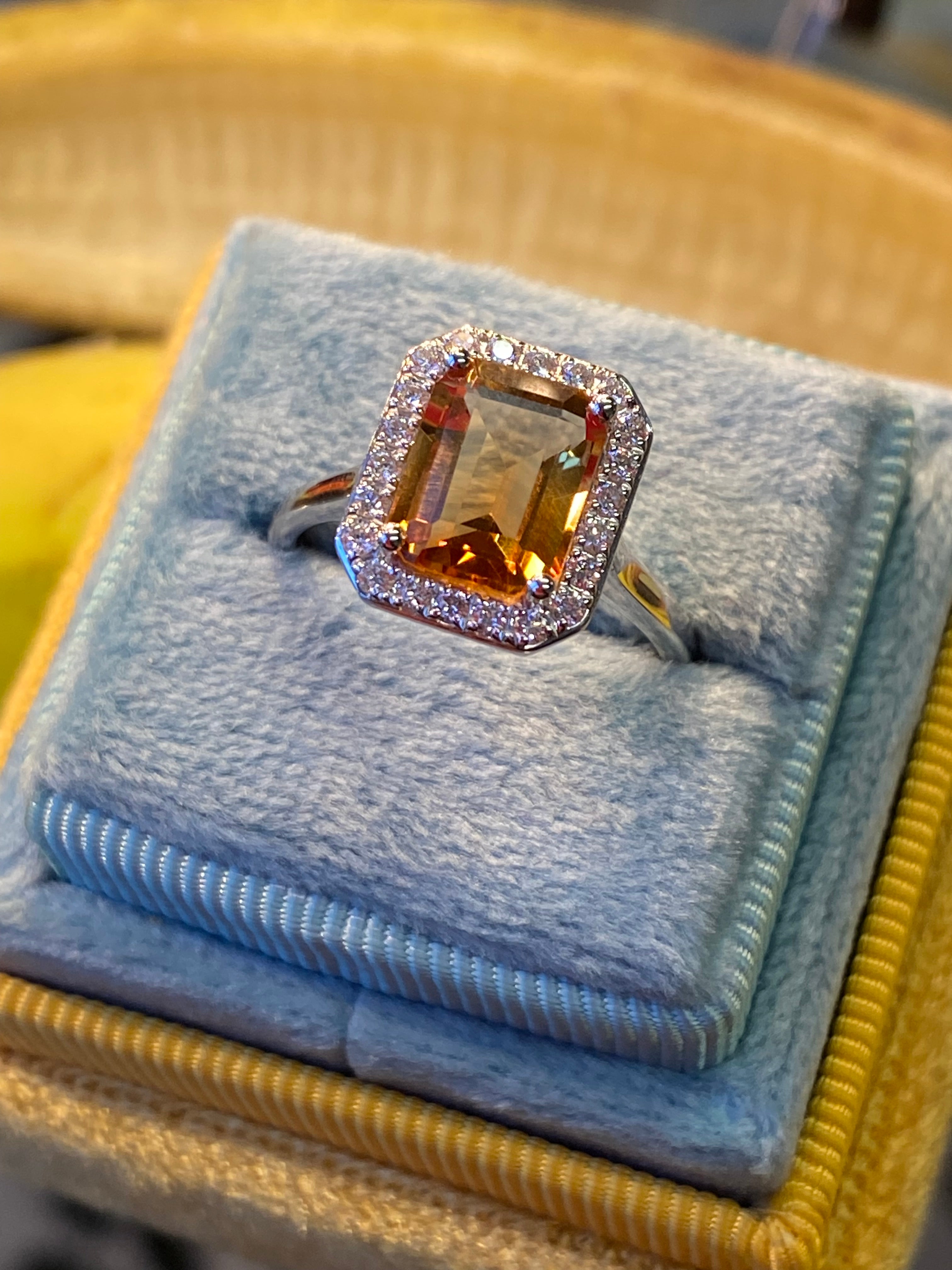 Citrine and Natural Diamond Halo Ring in 9ct White Gold