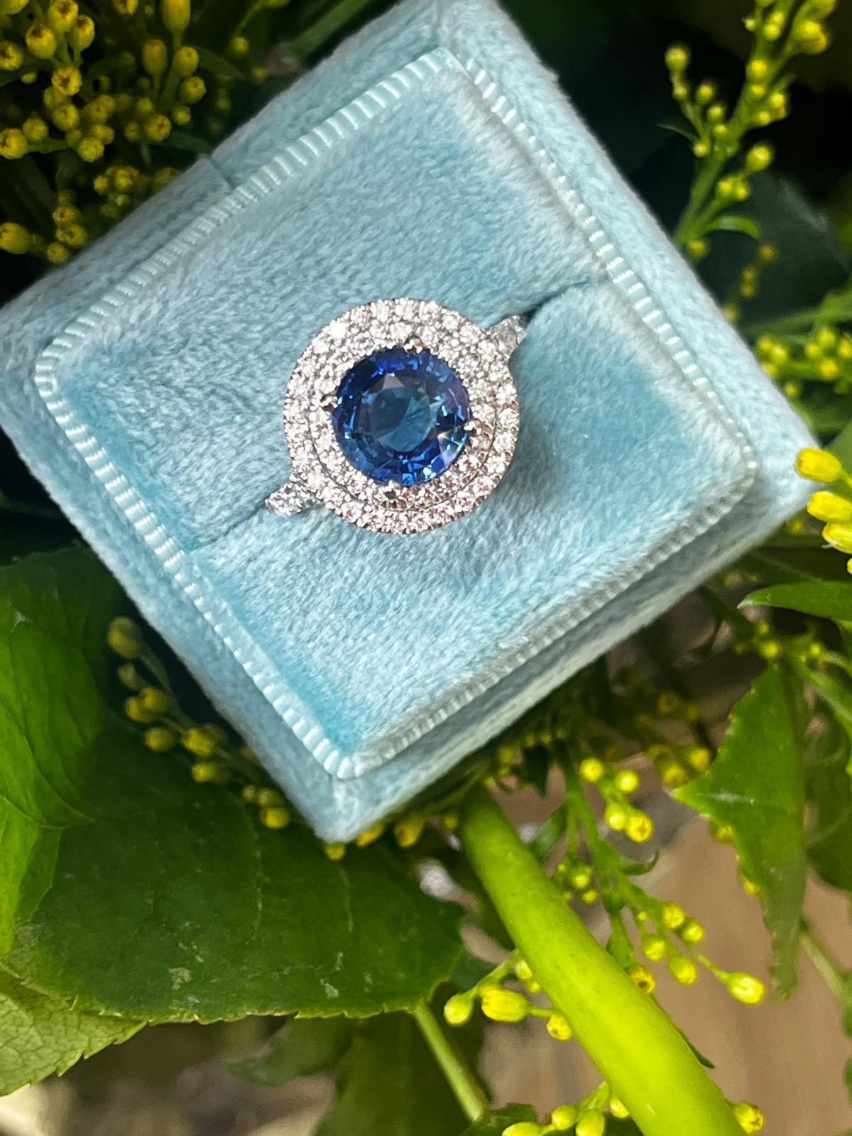 2.56 CTW Blue Ceylon Sapphire and Natural Diamond Double Halo Ring in Platinum