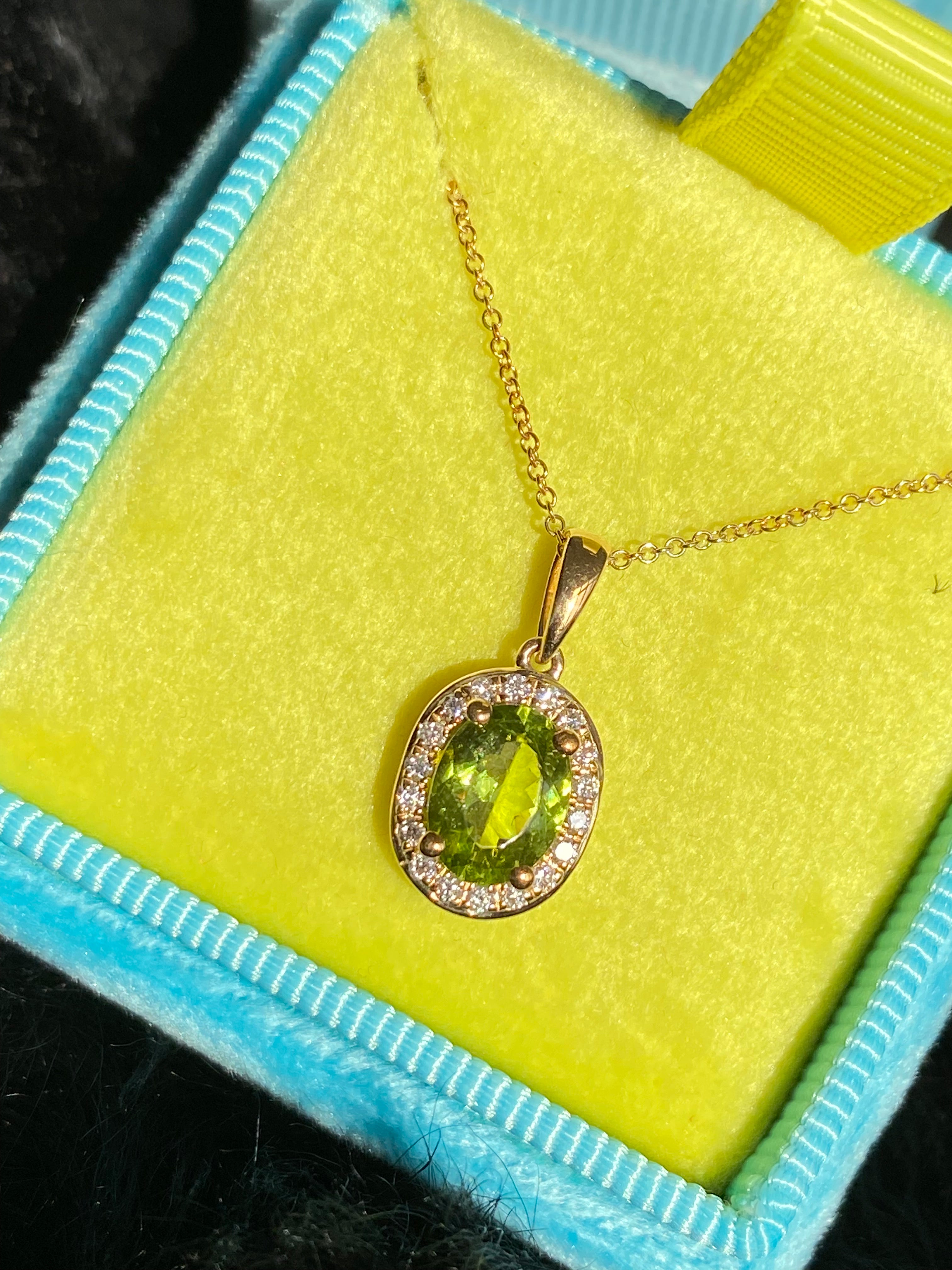 1.28 CTW Oval Cut Peridot and Natural Diamond Pendant Necklace in 9ct Yellow Gold