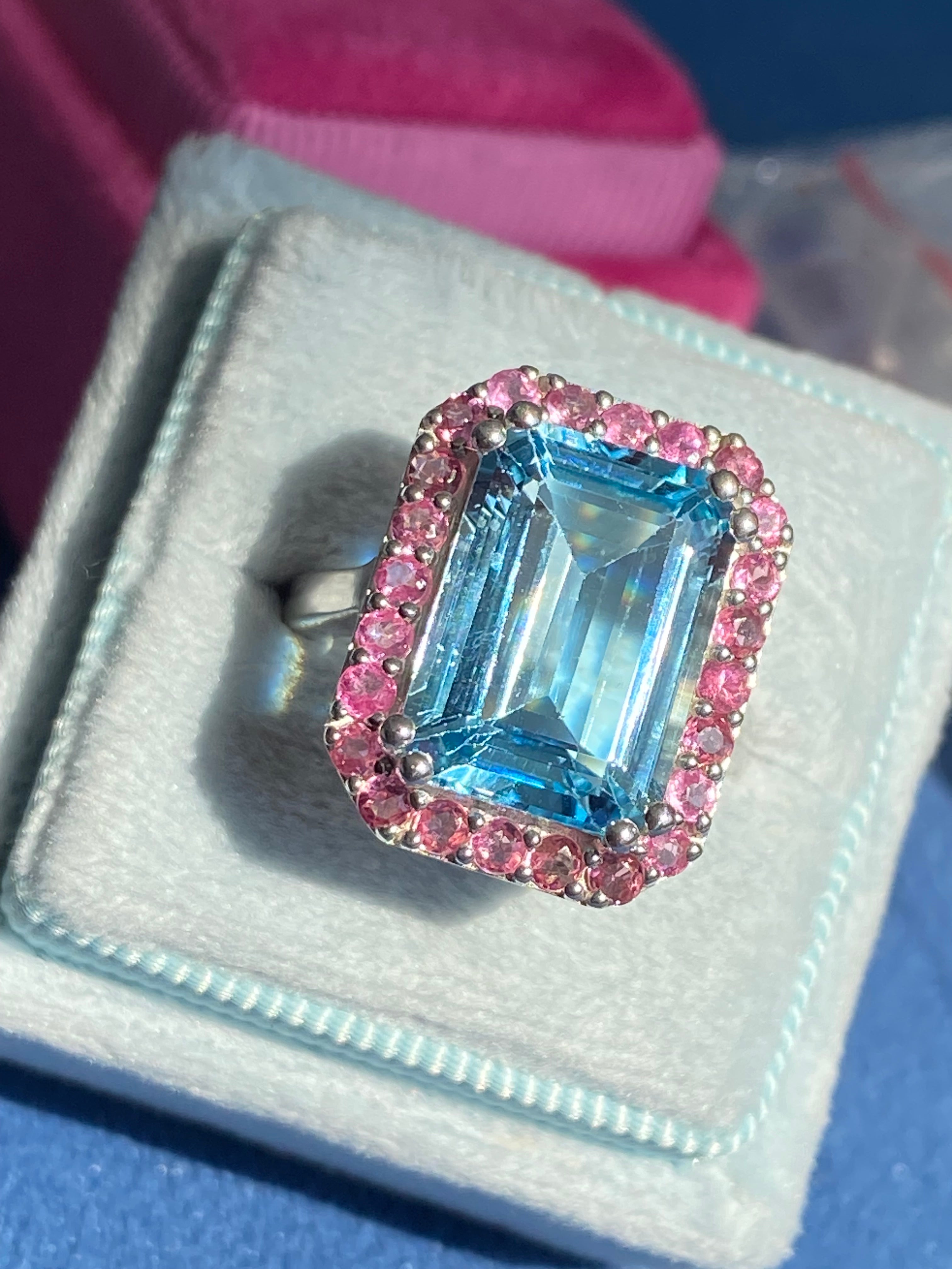 6.50 CTW Blue Topaz and Pink Tourmaline Halo Ring in Sterling Silver
